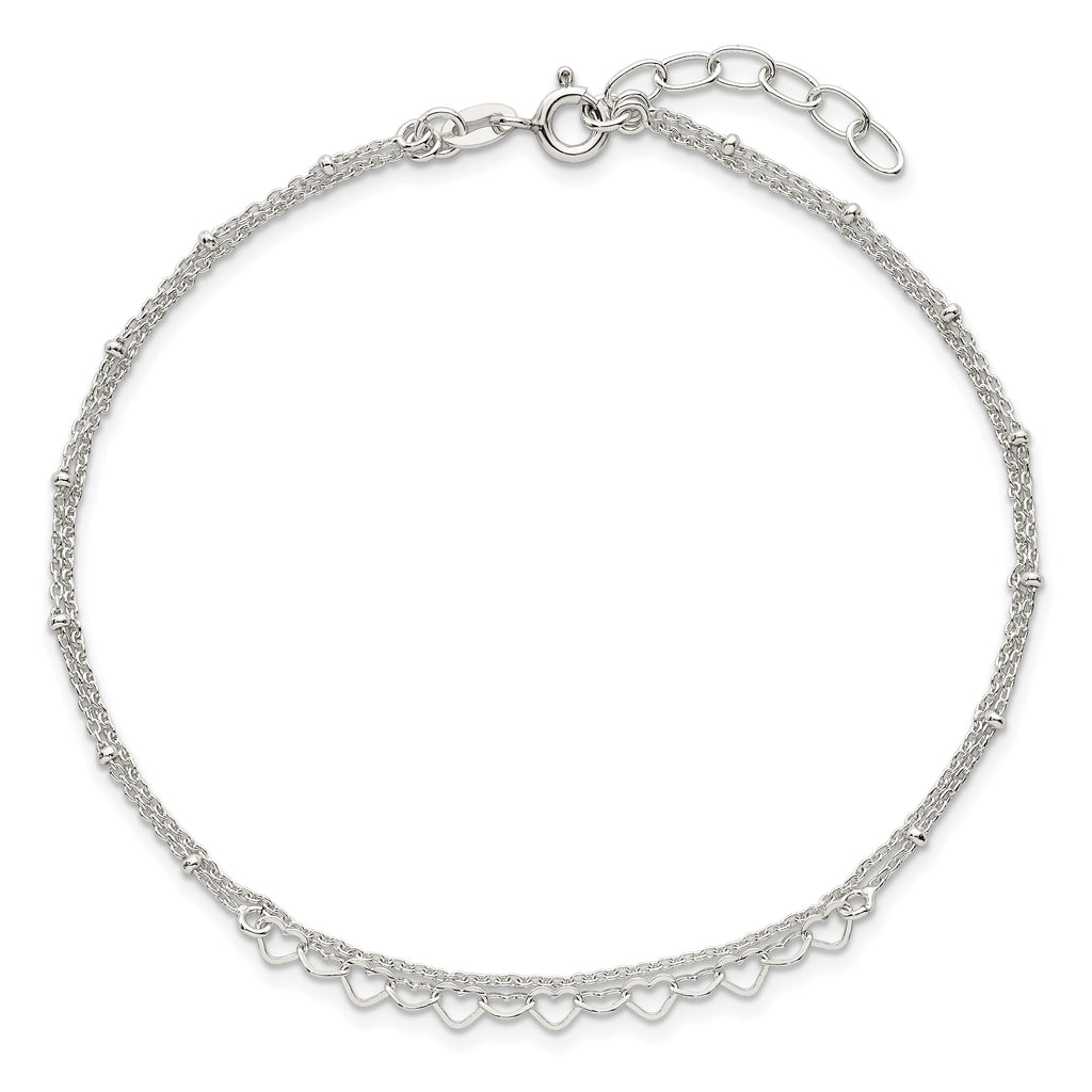 Sterling Silver Beaded Hearts Double Strand 9 inch with 1 inch Extender - Total 10 inch Anklet