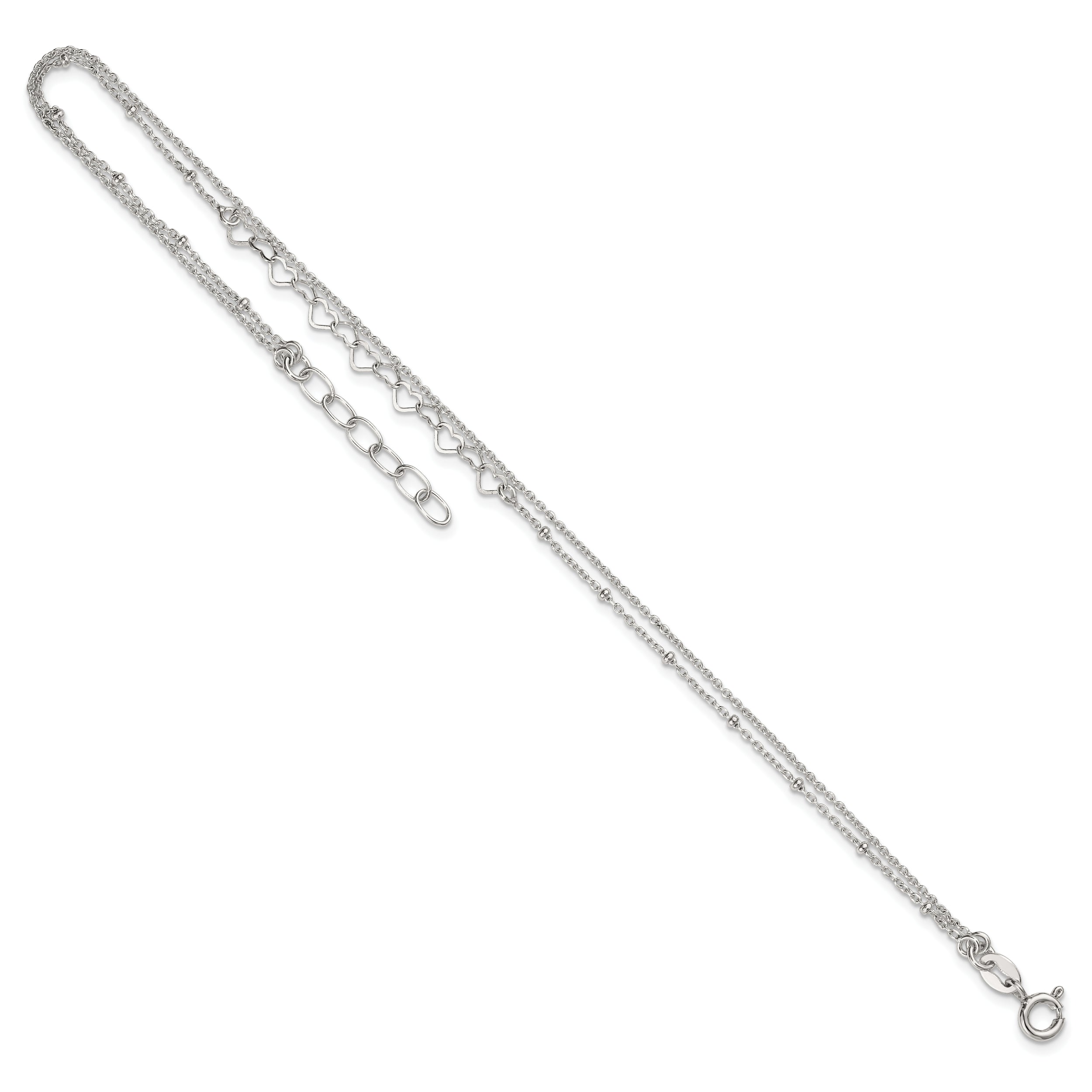 Sterling Silver Beaded Hearts Double Strand 9 inch with 1 inch Extender - Total 10 inch Anklet