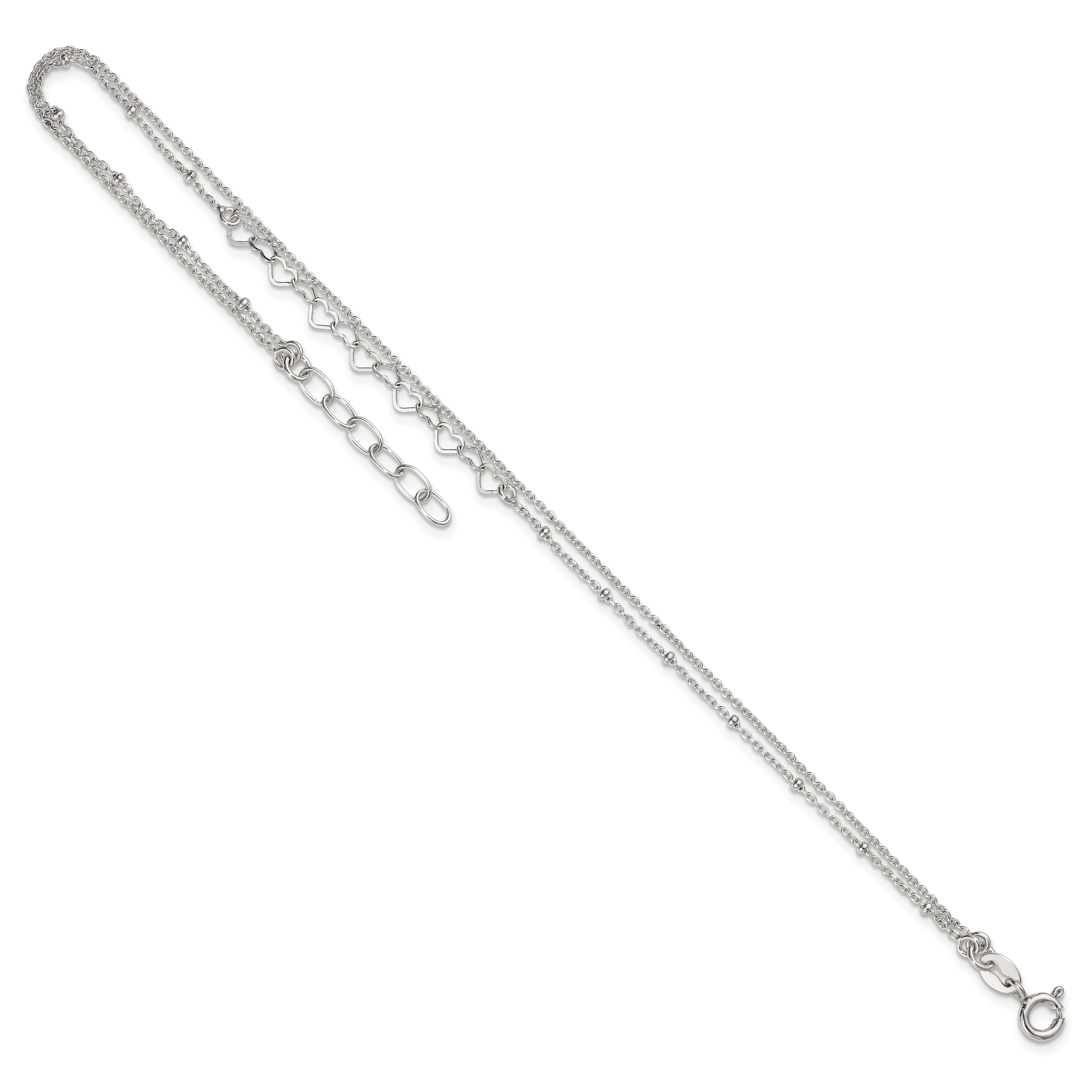 Sterling Silver Beaded Hearts Double Strand 9 inch with 1 inch Extender - Total 10 inch Anklet