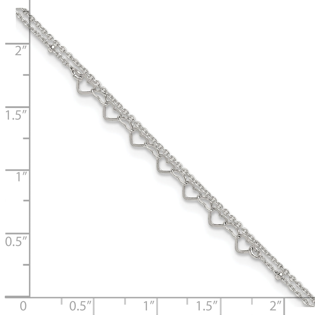 Sterling Silver Beaded Hearts Double Strand 9 inch with 1 inch Extender - Total 10 inch Anklet
