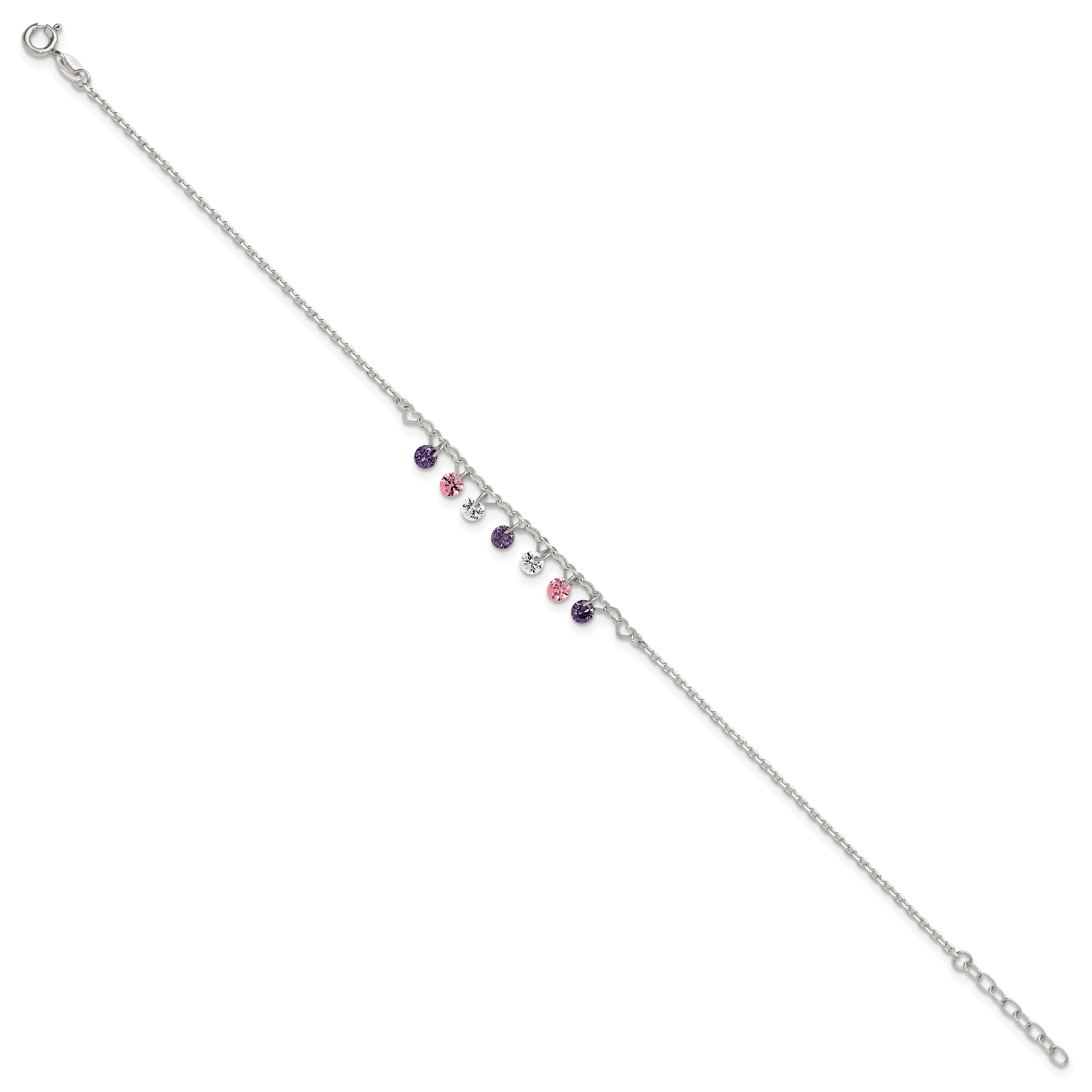 Sterling Silver Multicolor CZ and Hearts 9 inch Plus 1 inch Extender - Total 10 inch Anklet Secondary image
