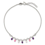 Sterling Silver Multicolor CZ and Hearts 9 inch Plus 1 inch Extender - Total 10 inch Anklet