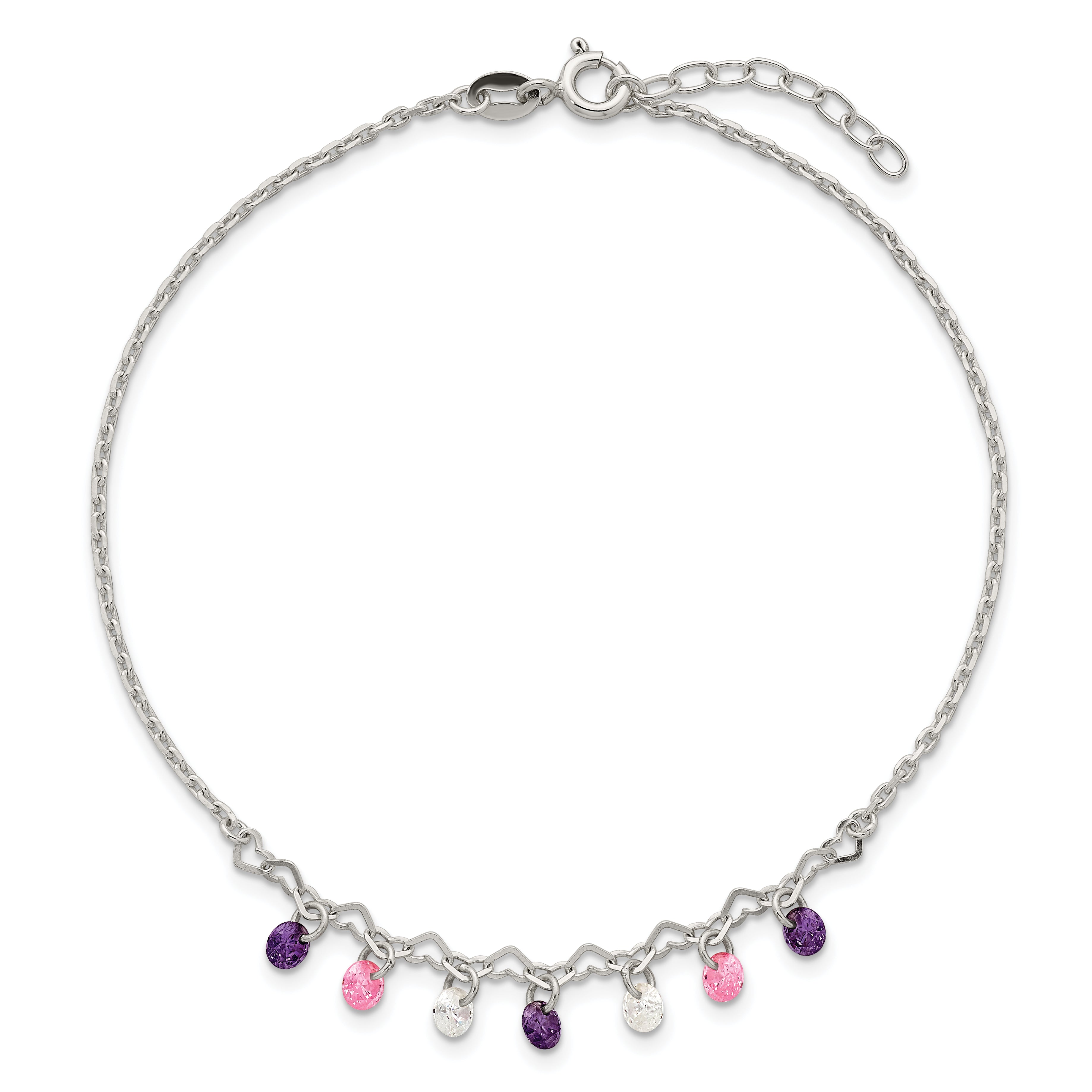 Sterling Silver Multicolor CZ and Hearts 9 inch Plus 1 inch Extender - Total 10 inch Anklet