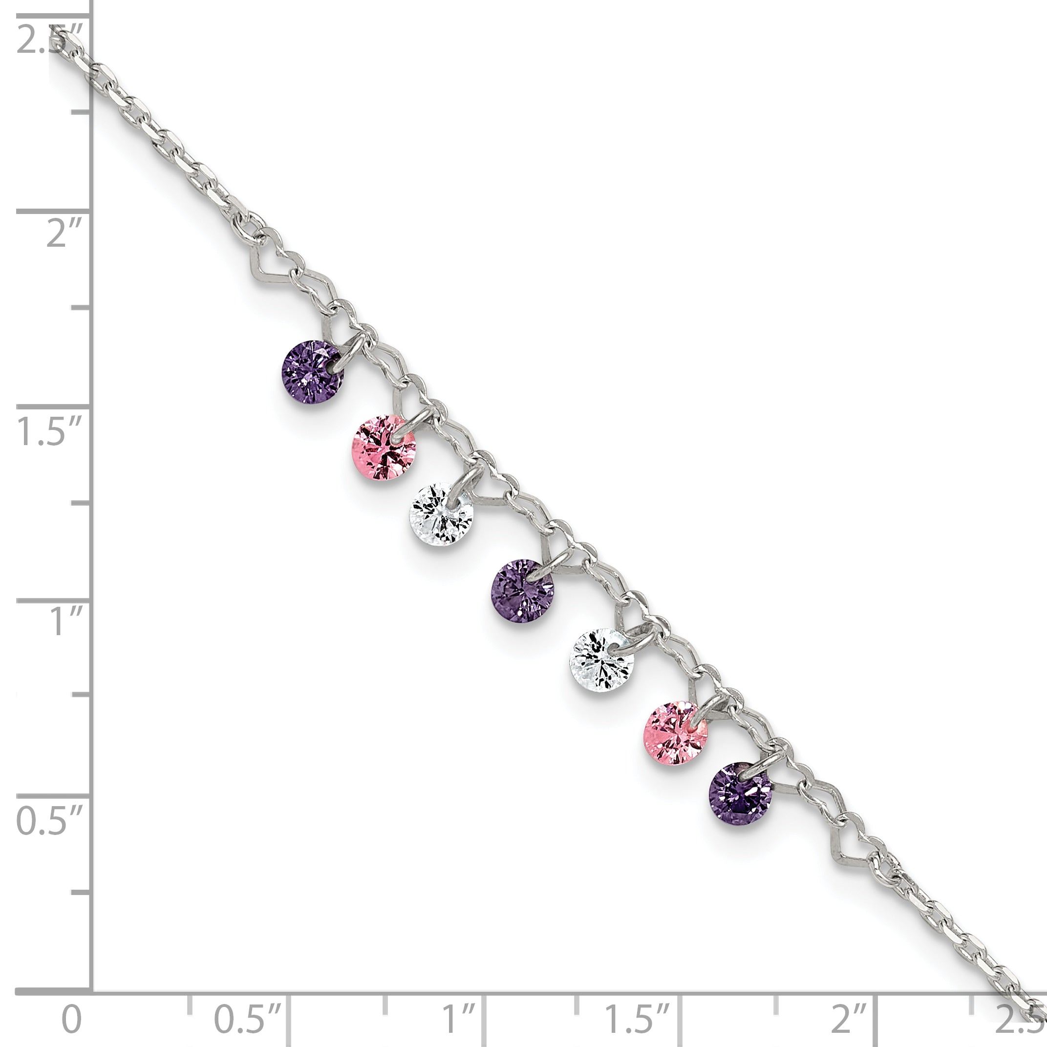 Sterling Silver Multicolor CZ and Hearts 9 inch Plus 1 inch Extender - Total 10 inch Anklet