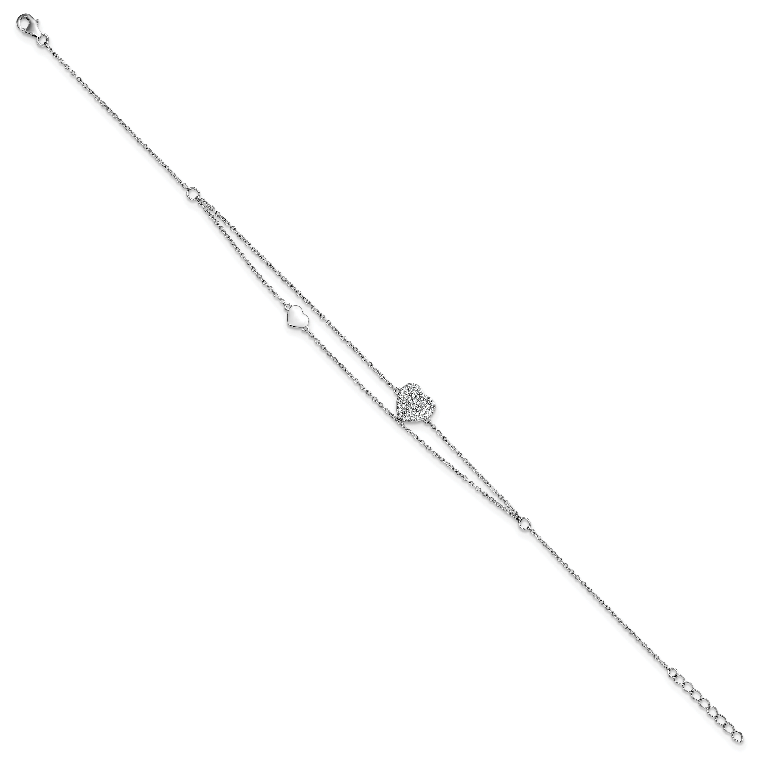 Sterling Silver Rhodium-plated CZ Heart 2-Strand 9 inch Plus 1 inch Extender - Total 10 inch Anklet Secondary image