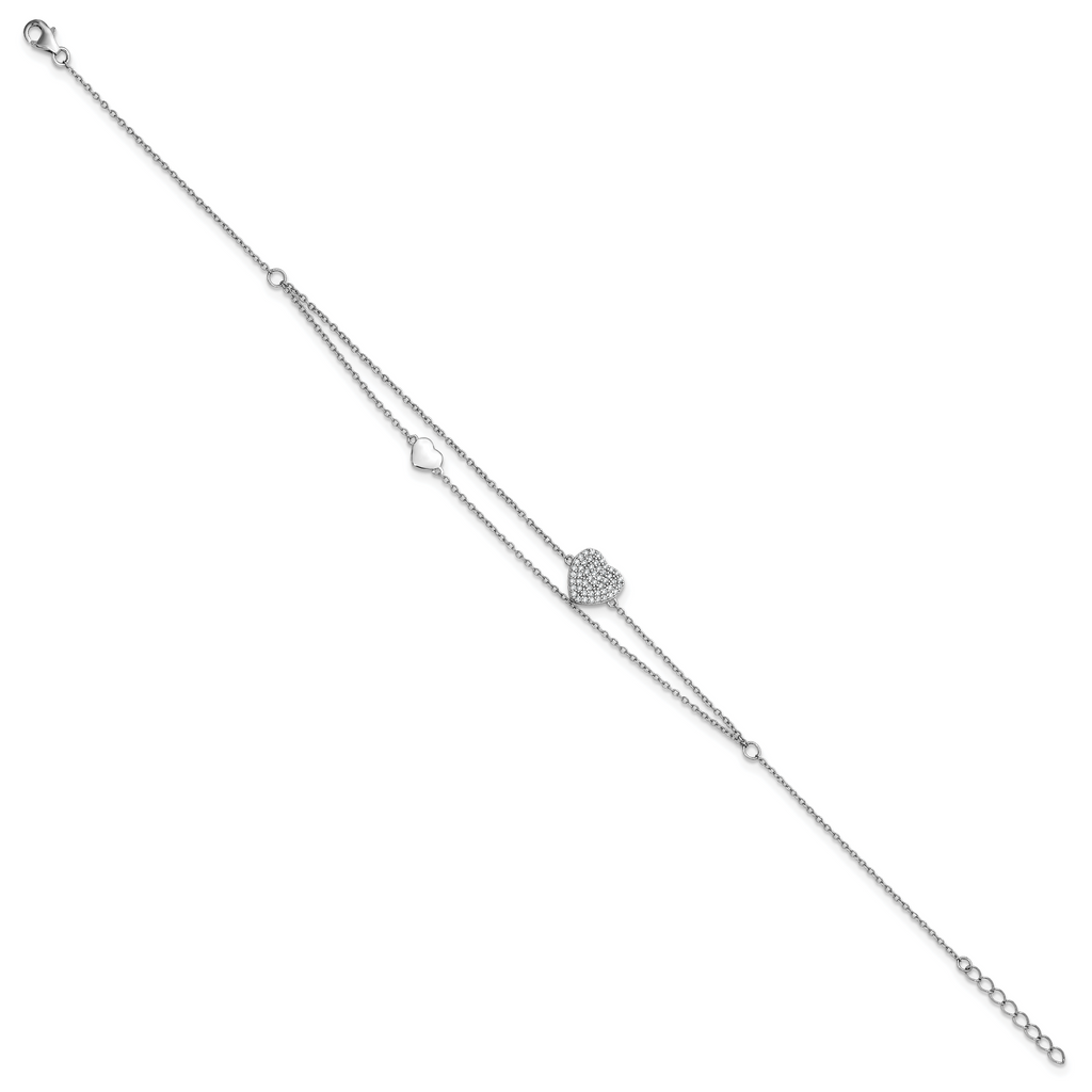 Sterling Silver Rhodium-plated CZ Heart 2-Strand 9 inch Plus 1 inch Extender - Total 10 inch Anklet