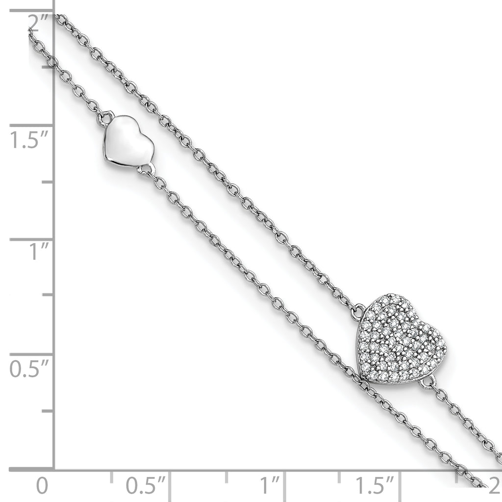 Sterling Silver Rhodium-plated CZ Heart 2-Strand 9 inch Plus 1 inch Extender - Total 10 inch Anklet