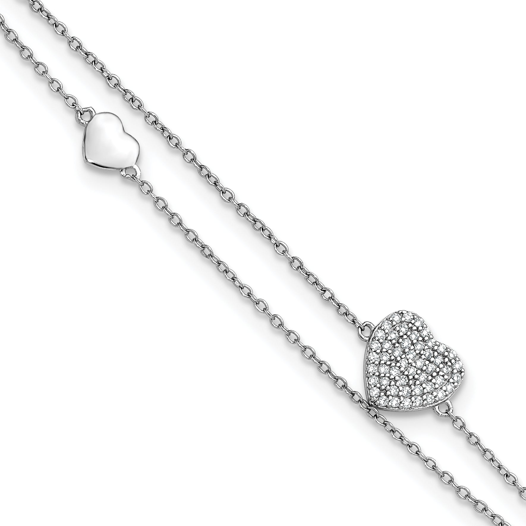 Sterling Silver Rhodium-plated CZ Heart 2-Strand 9 inch Plus 1 inch Extender - Total 10 inch Anklet Main image