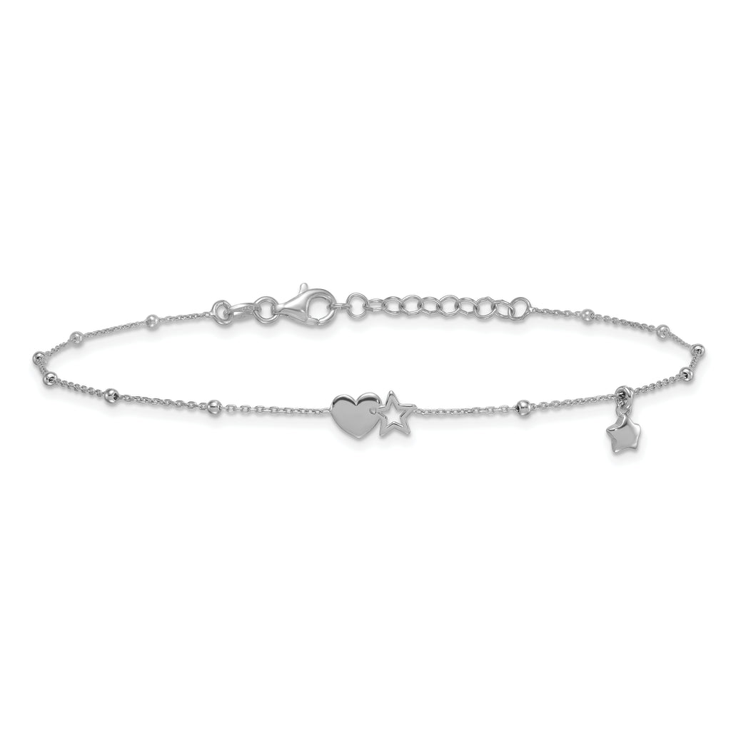 Sterling Silver Rhodium-plated Heart/Stars 9 inch Plus 1 inch Extender - Total 10 inch Anklet