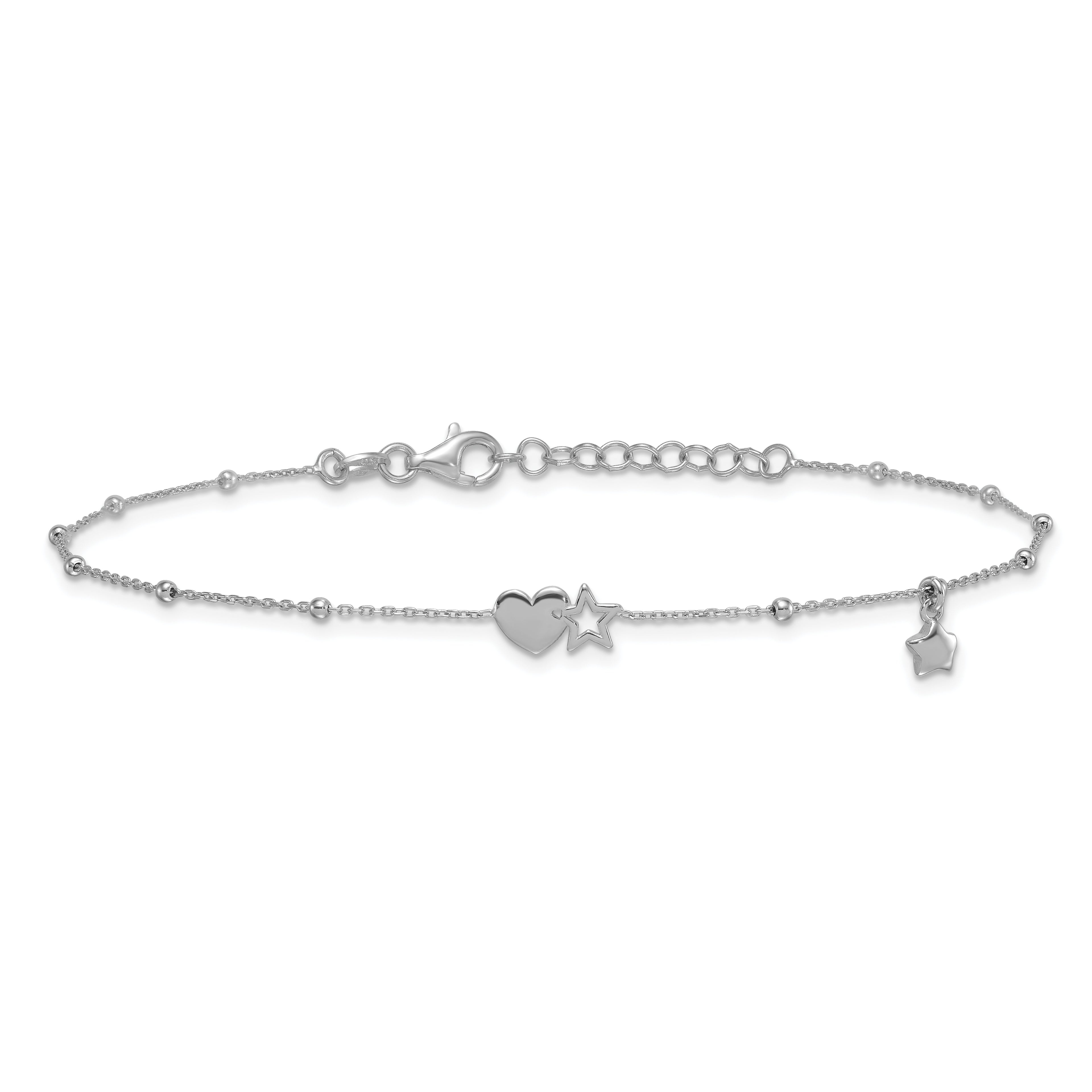Sterling Silver Rhodium-plated Heart/Stars 9 inch Plus 1 inch Extender - Total 10 inch Anklet