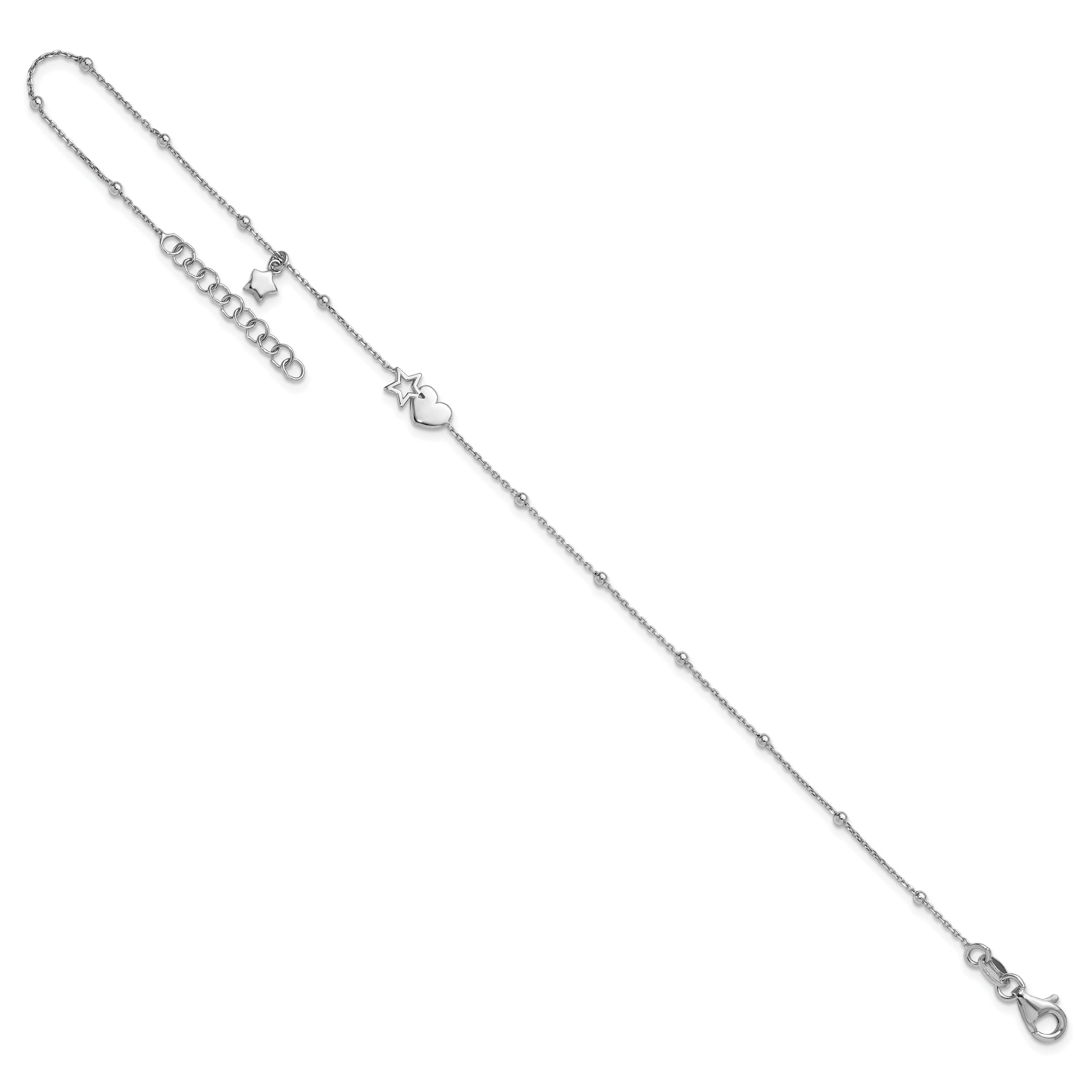 Sterling Silver Rhodium-plated Heart/Stars 9 inch Plus 1 inch Extender - Total 10 inch Anklet