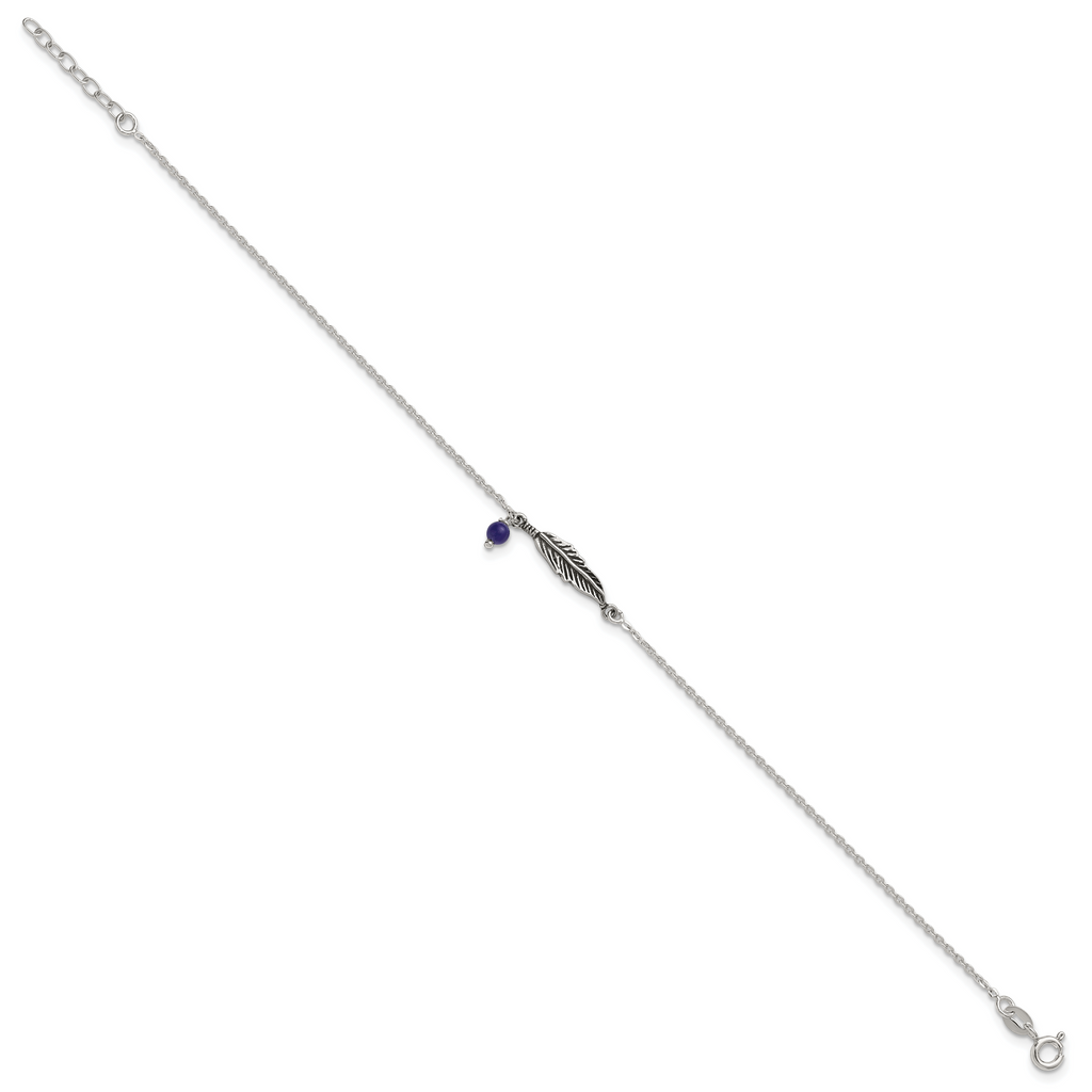 Sterling Silver Antiqued Blue Lapis/Feather 9 inch Plus 1 inch Extender - Total 10 inch Anklet