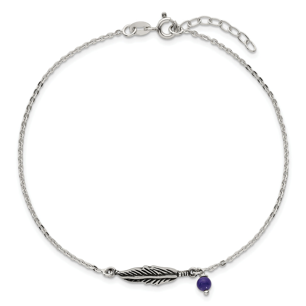 Sterling Silver Antiqued Blue Lapis/Feather 9 inch Plus 1 inch Extender - Total 10 inch Anklet