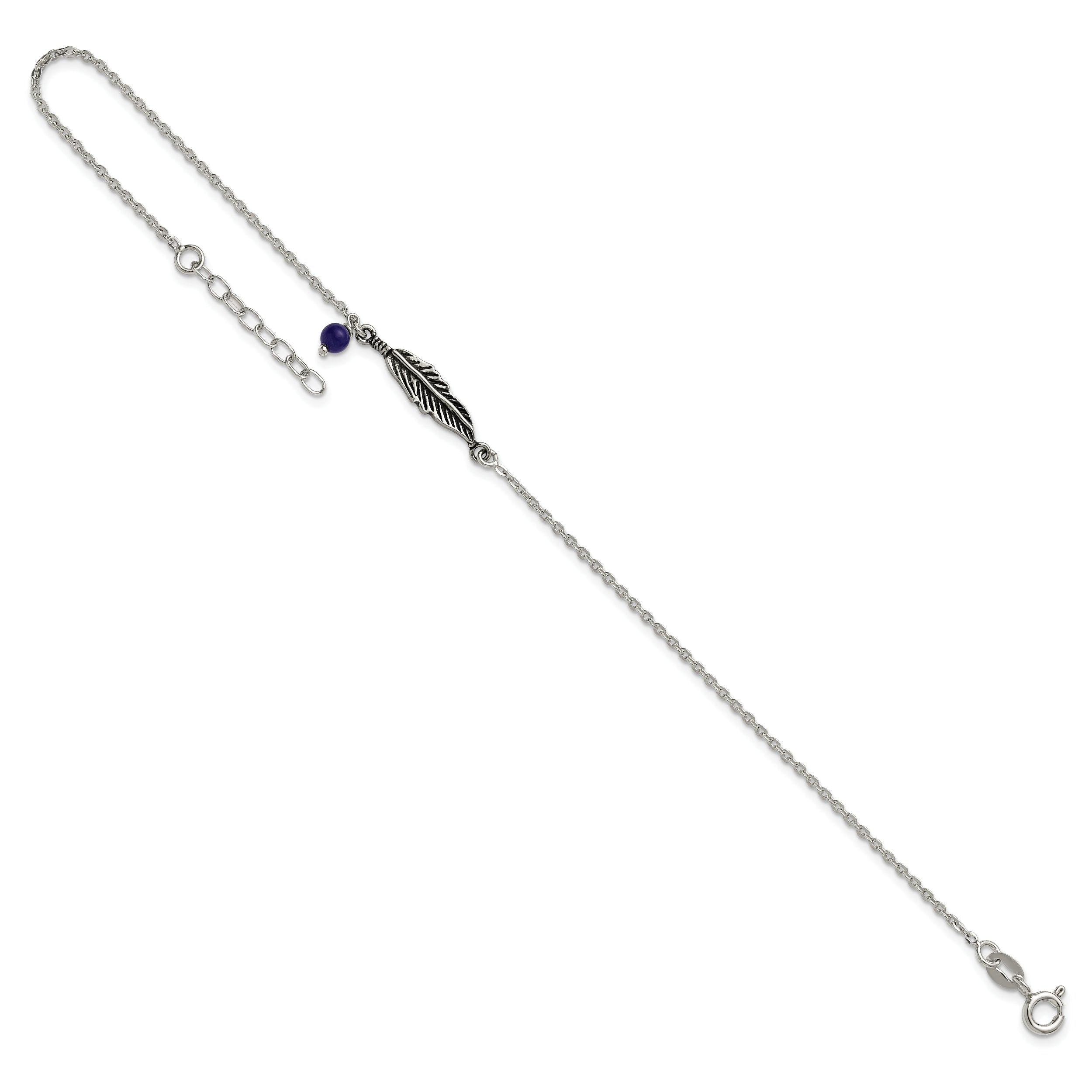 Sterling Silver Antiqued Blue Lapis/Feather 9 inch Plus 1 inch Extender - Total 10 inch Anklet