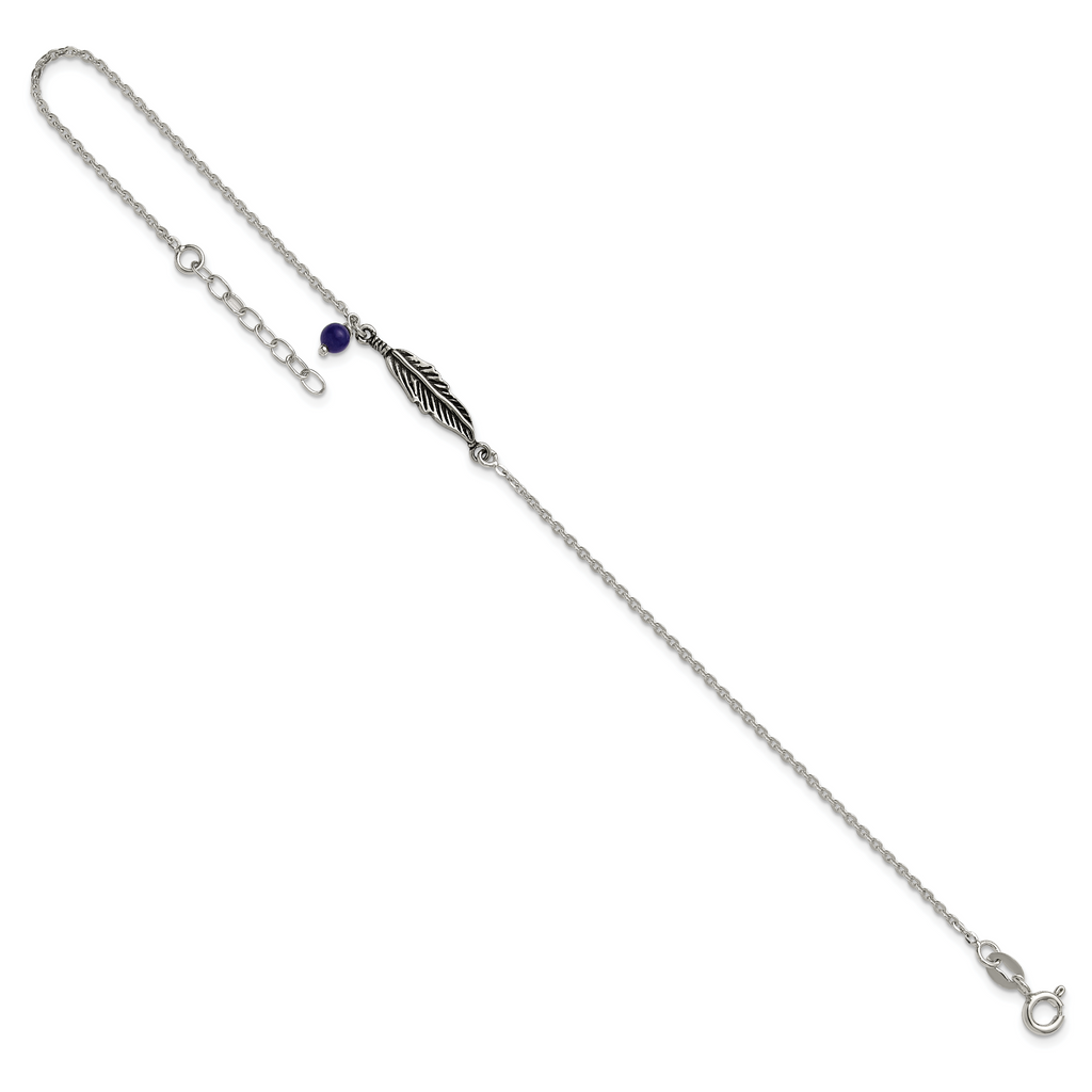 Sterling Silver Antiqued Blue Lapis/Feather 9 inch Plus 1 inch Extender - Total 10 inch Anklet