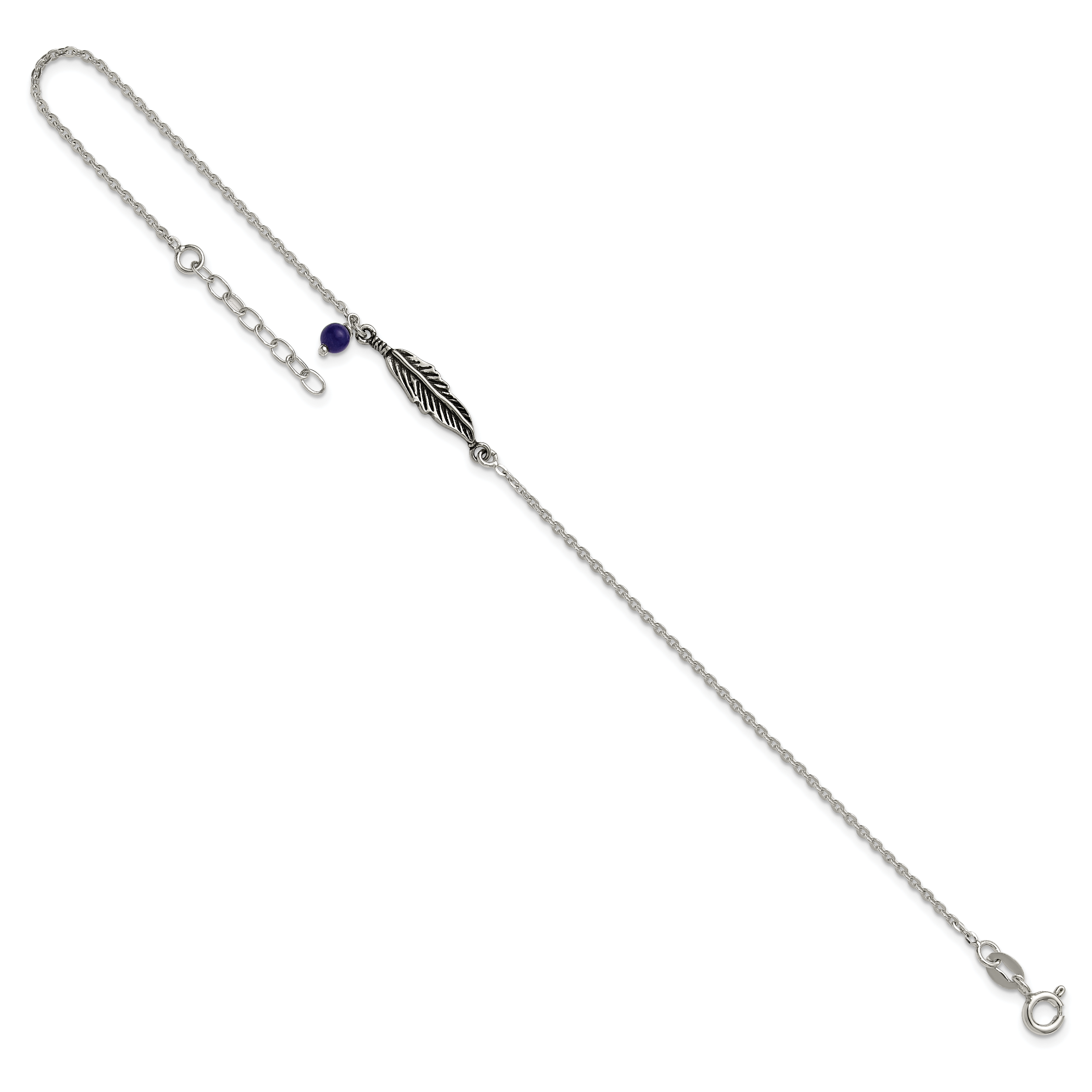 Sterling Silver Antiqued Blue Lapis/Feather 9 inch Plus 1 inch Extender - Total 10 inch Anklet