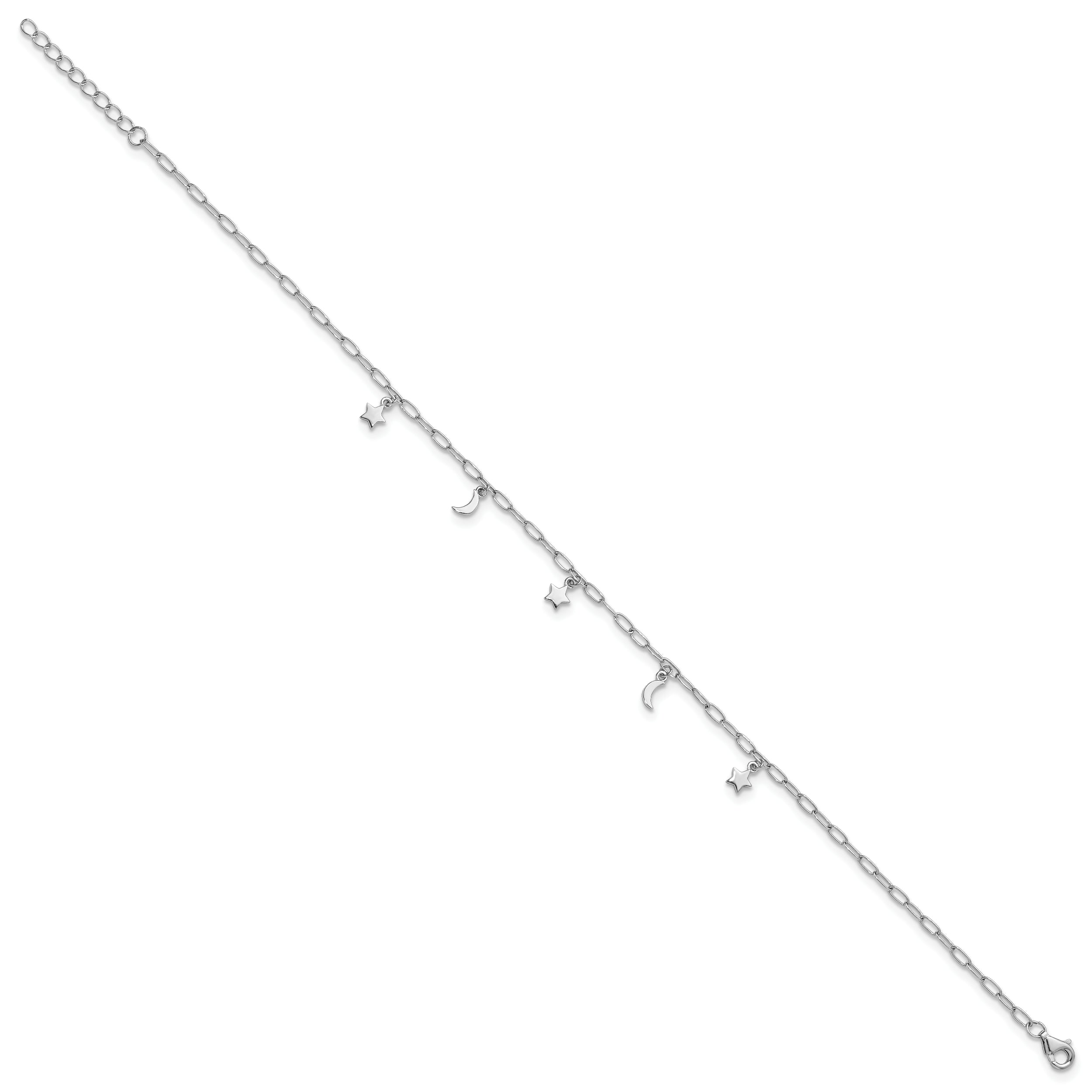 Sterling Silver Rhodium-plated Moon and Star 9 inch Plus 1 inch Extender - Total 10 inch Anklet