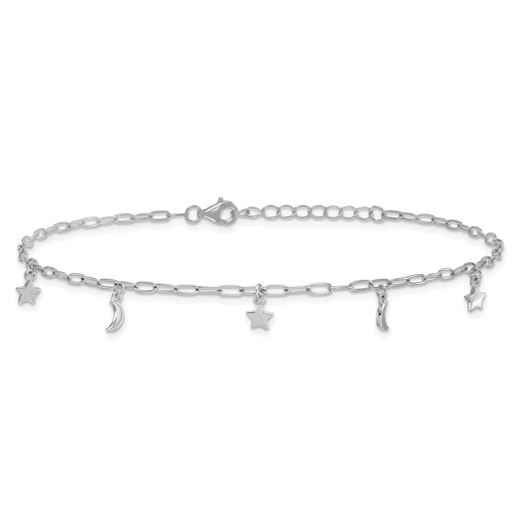 Sterling Silver Rhodium-plated Moon and Star 9 inch Plus 1 inch Extender - Total 10 inch Anklet