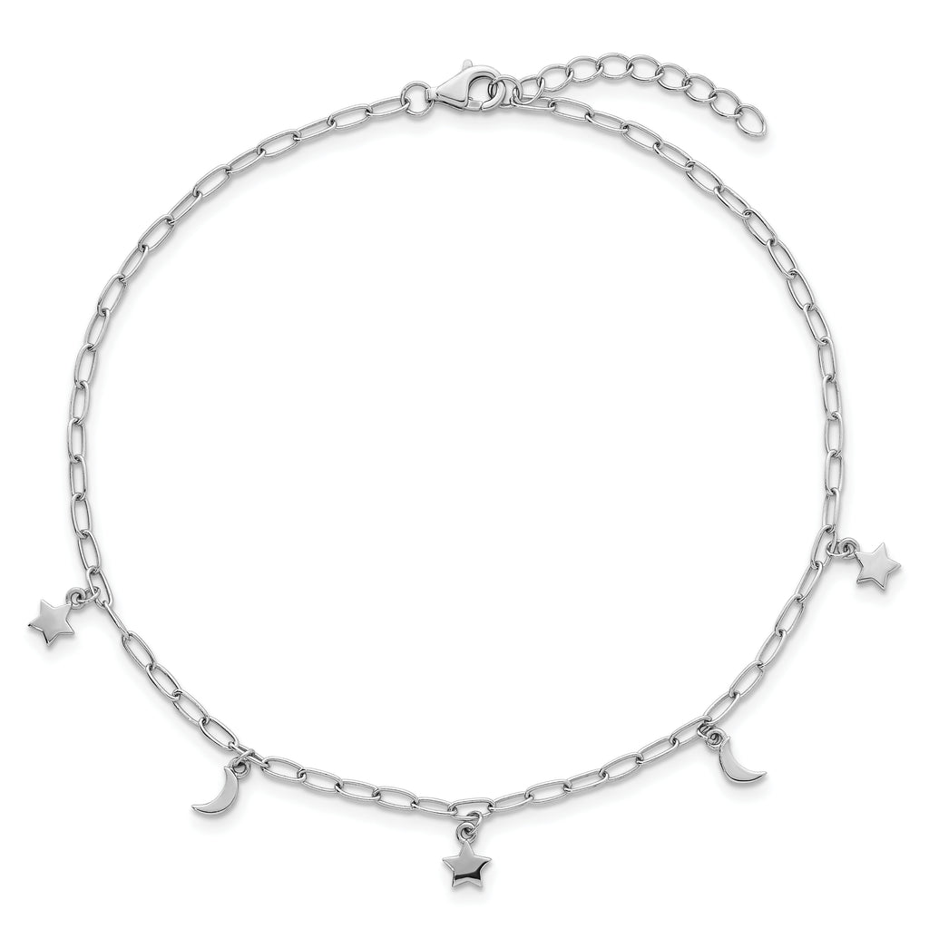 Sterling Silver Rhodium-plated Moon and Star 9 inch Plus 1 inch Extender - Total 10 inch Anklet