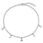 Sterling Silver Rhodium-plated Moon and Star 9 inch Plus 1 inch Extender - Total 10 inch Anklet