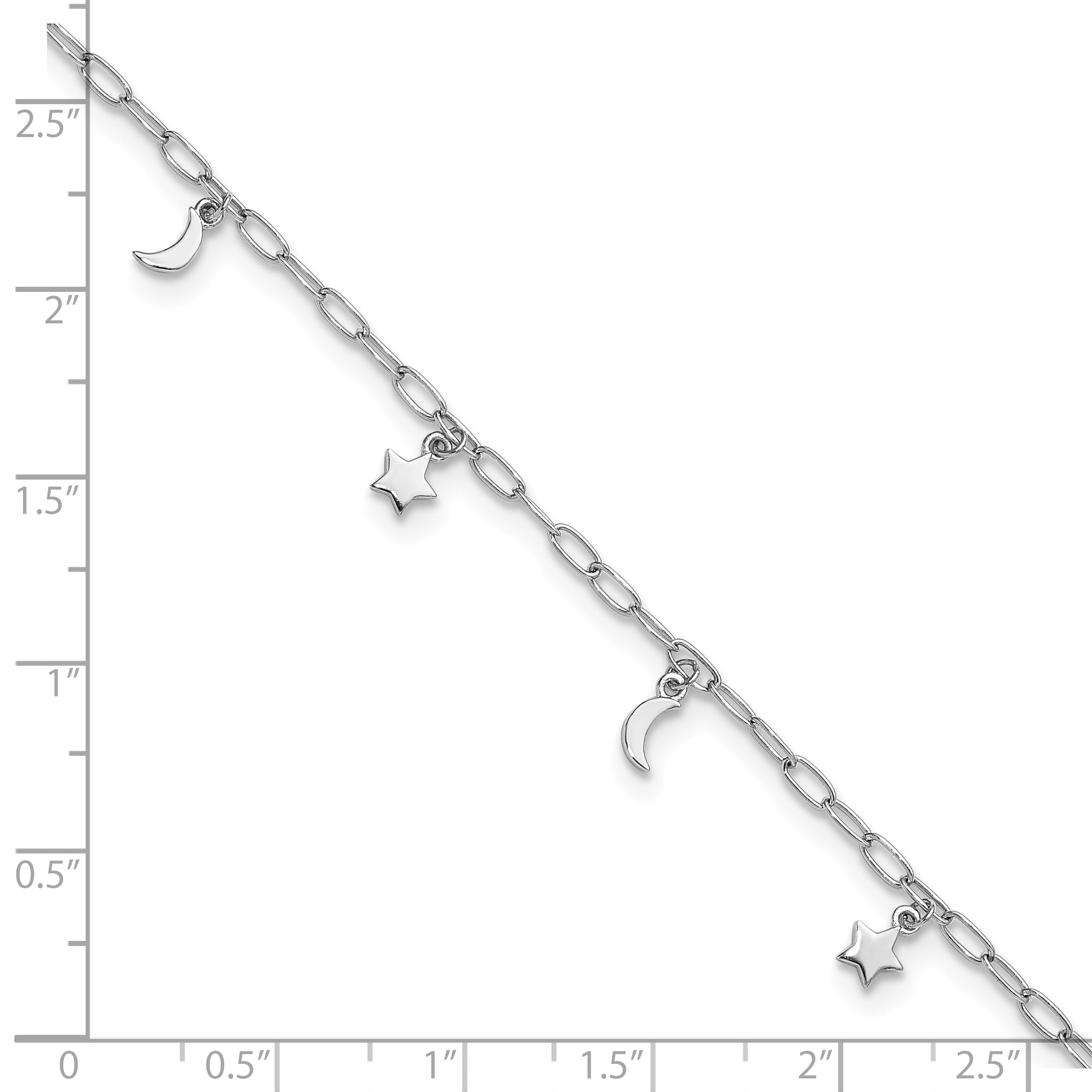 Sterling Silver Rhodium-plated Moon and Star 9 inch Plus 1 inch Extender - Total 10 inch Anklet