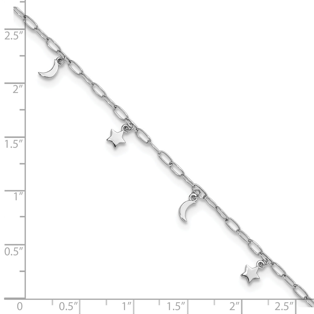 Sterling Silver Rhodium-plated Moon and Star 9 inch Plus 1 inch Extender - Total 10 inch Anklet