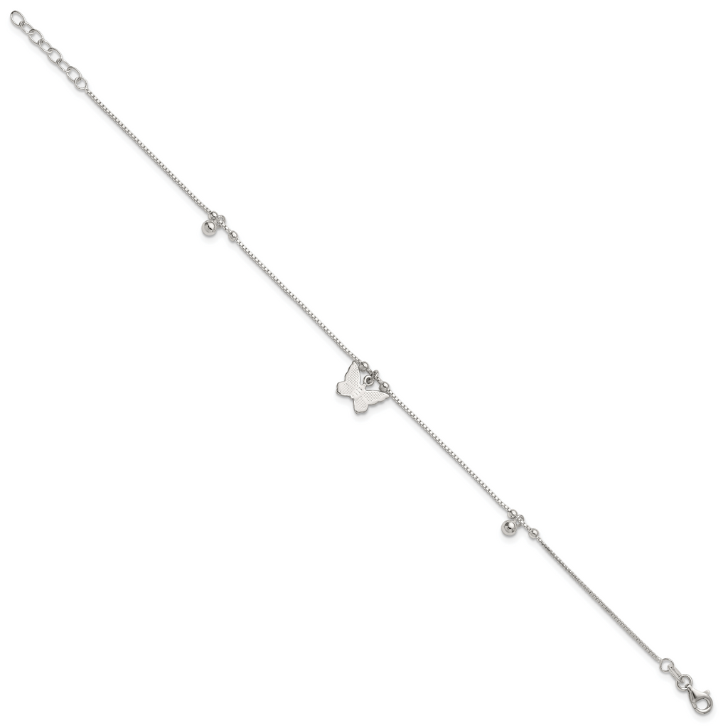 Sterling Silver Beaded Butterfly 9 inch Plus 1 inch Extender - Total 10 inch Anklet