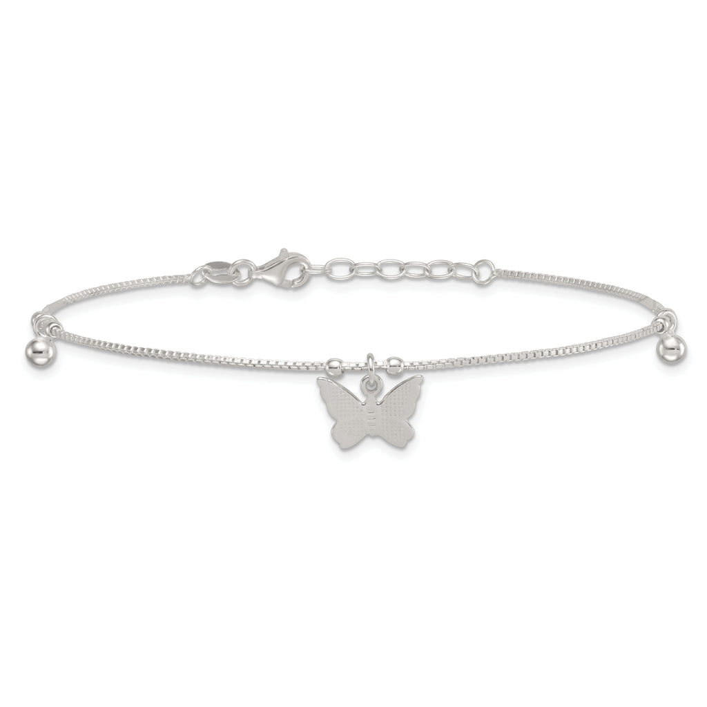 Sterling Silver Beaded Butterfly 9 inch Plus 1 inch Extender - Total 10 inch Anklet