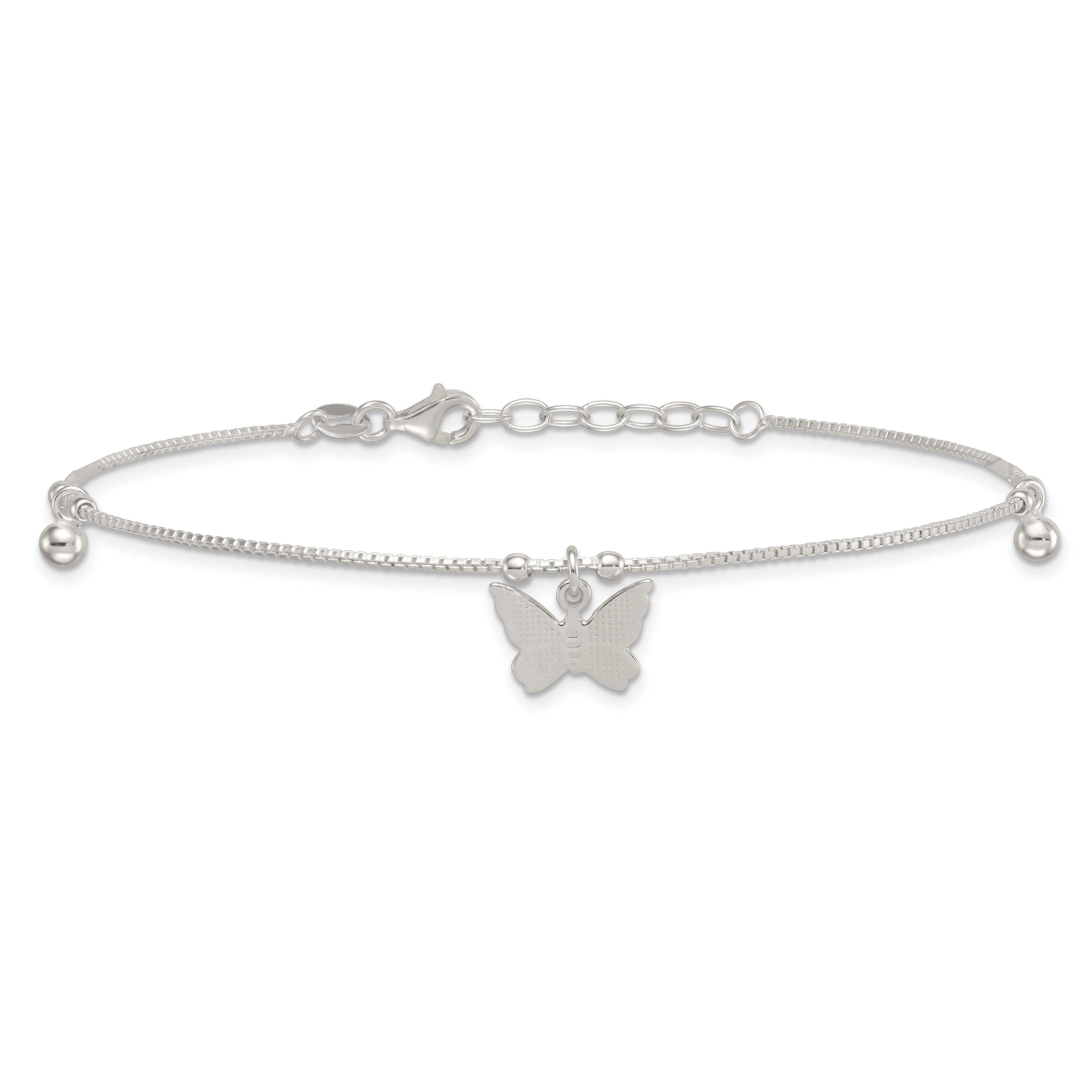 Sterling Silver Beaded Butterfly 9 inch Plus 1 inch Extender - Total 10 inch Anklet
