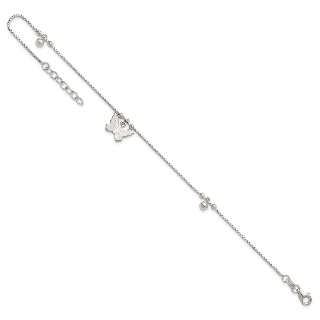 Sterling Silver Beaded Butterfly 9 inch Plus 1 inch Extender - Total 10 inch Anklet