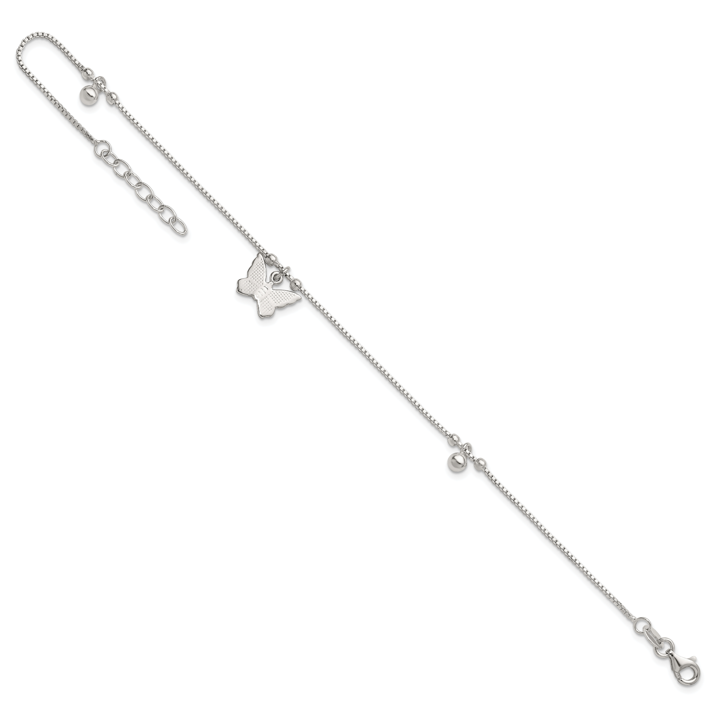 Sterling Silver Beaded Butterfly 9 inch Plus 1 inch Extender - Total 10 inch Anklet