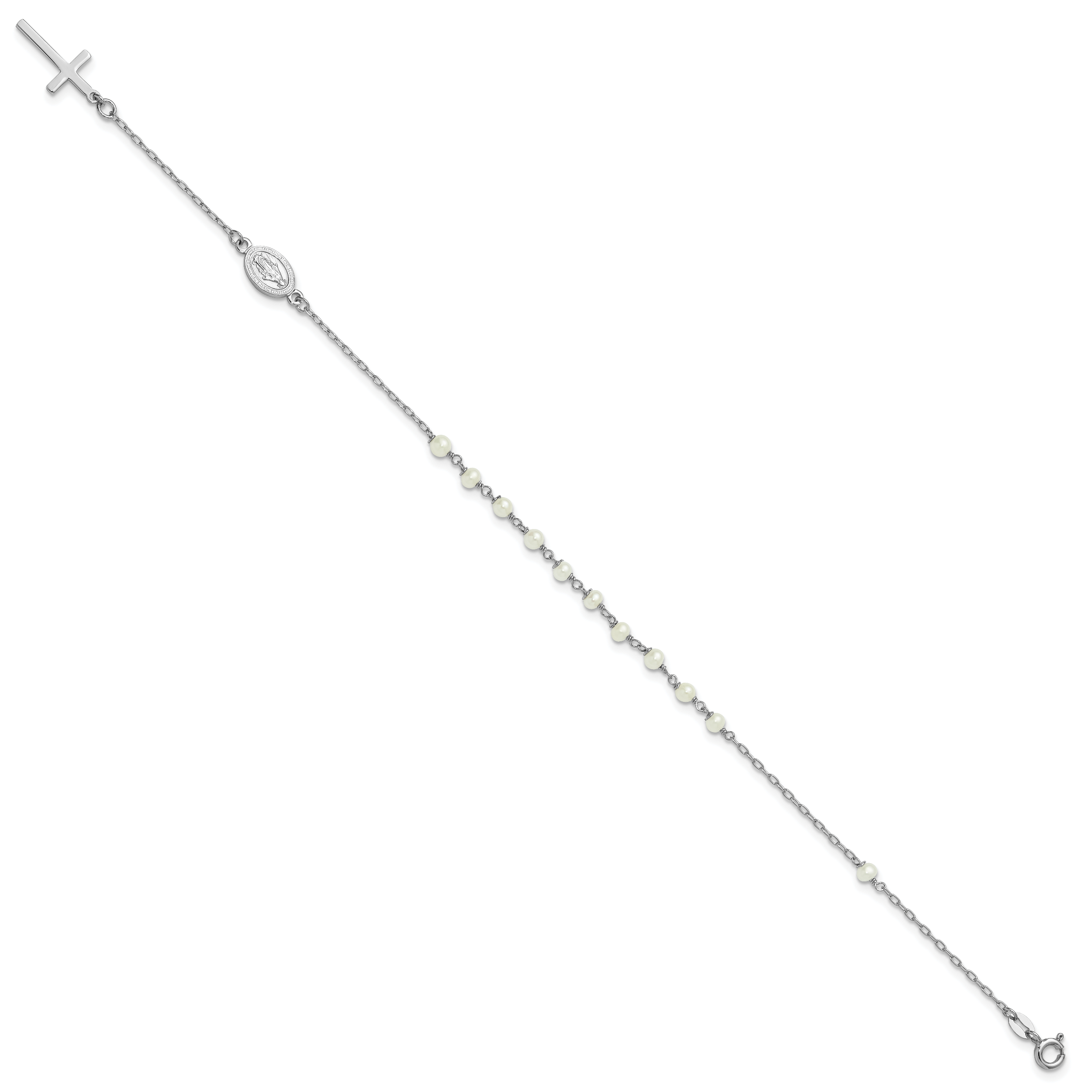 Sterling Silver Rhodium-plated Polished Freshwater Cultured Pearl Cross and Miraculous Medal 10 Inch Anklet Secondary image