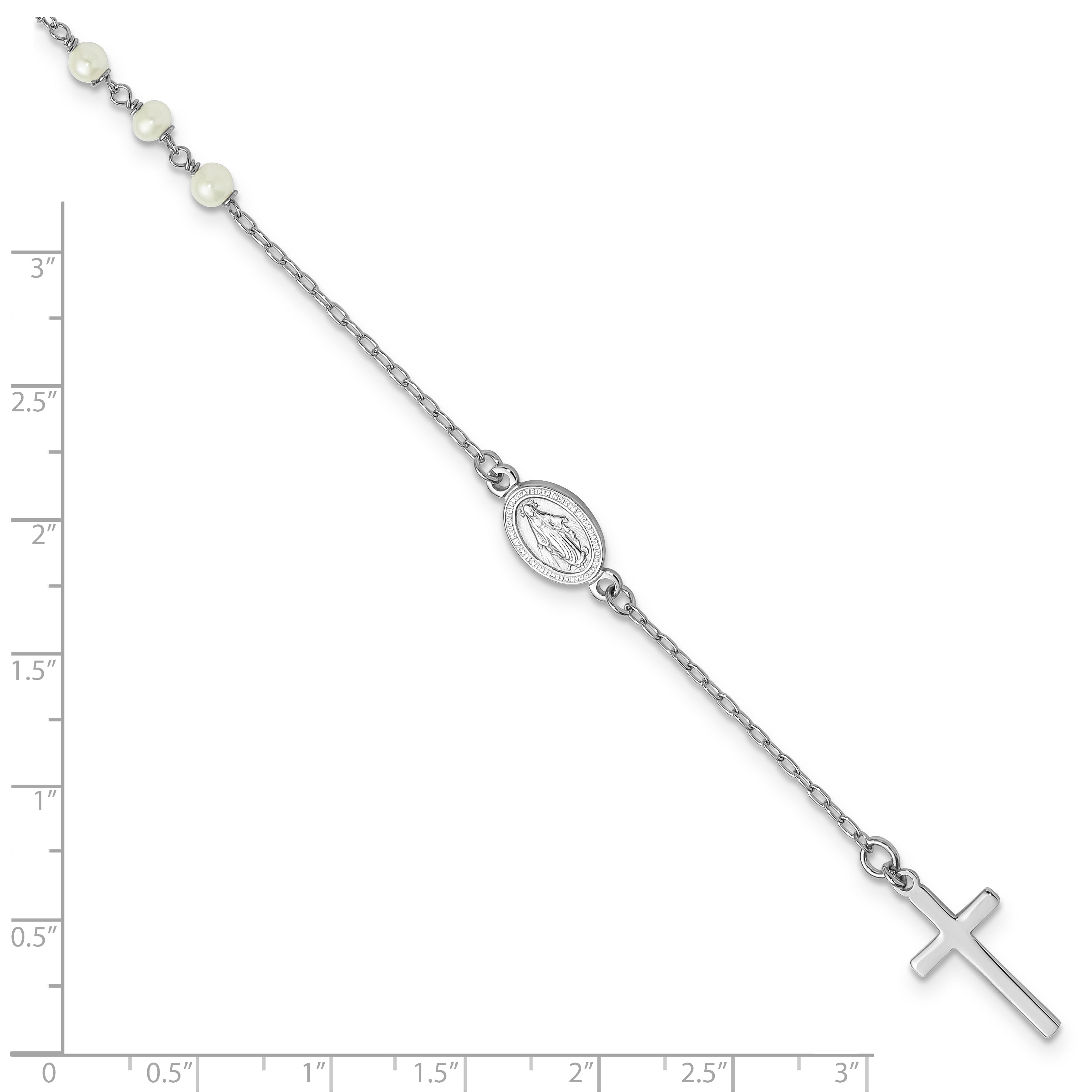 Sterling Silver Rhodium-plated Polished Freshwater Cultured Pearl Cross and Miraculous Medal 10 Inch Anklet