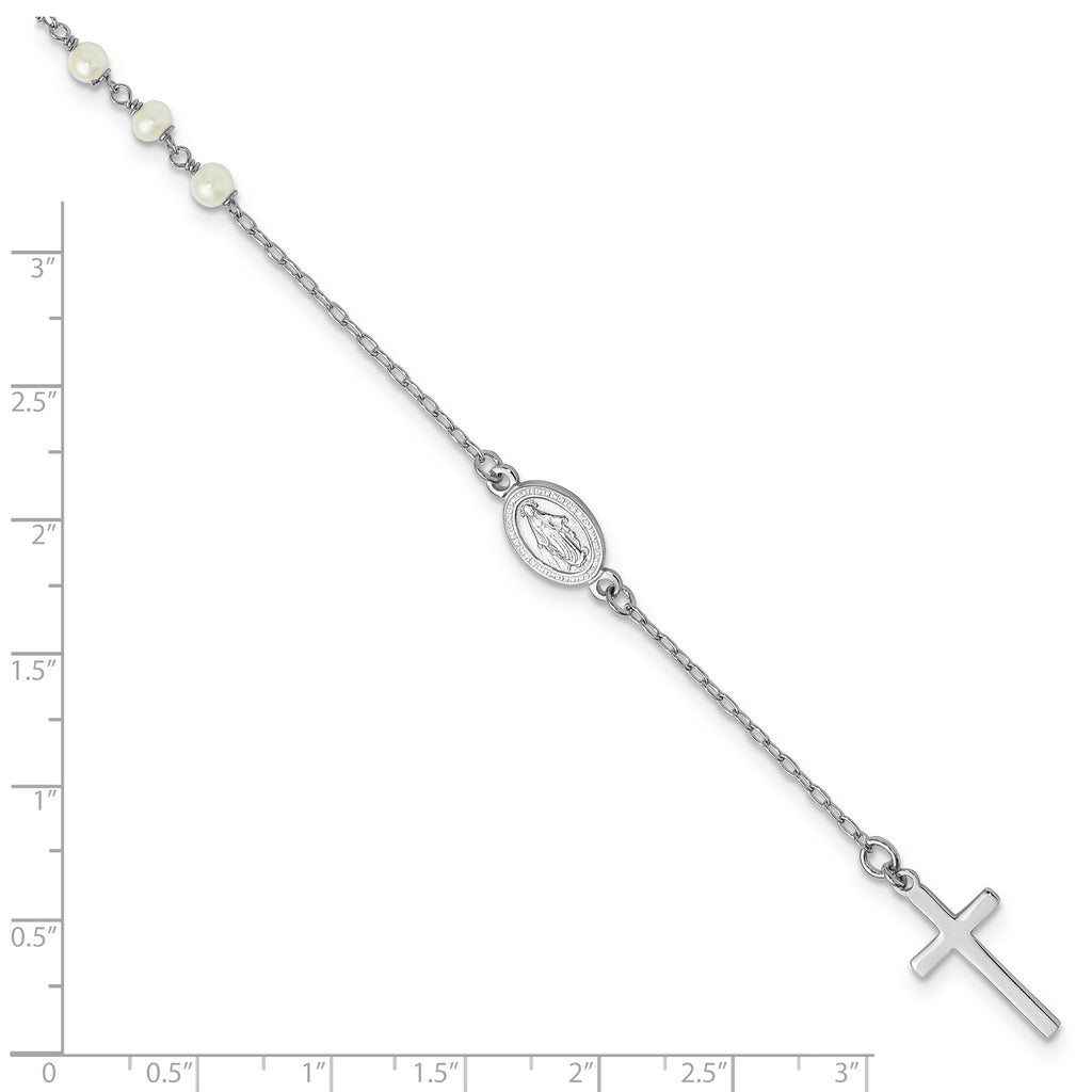 Sterling Silver Rhodium-plated Polished Freshwater Cultured Pearl Cross and Miraculous Medal 10 Inch Anklet