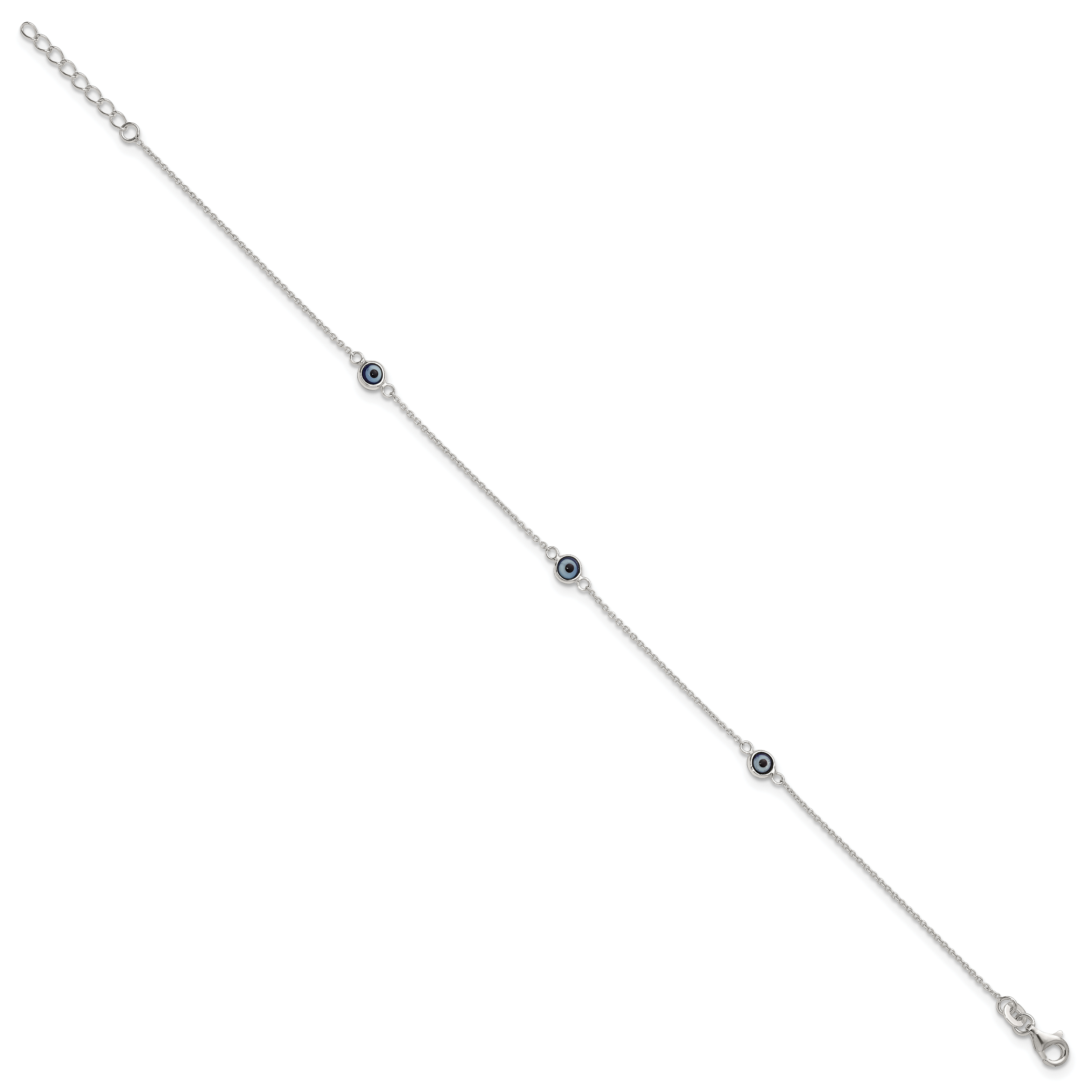 Sterling Silver Glass Evil Eye 3-Station 9 inch Plus 1 inch Extender - Total 10 inch Anklet