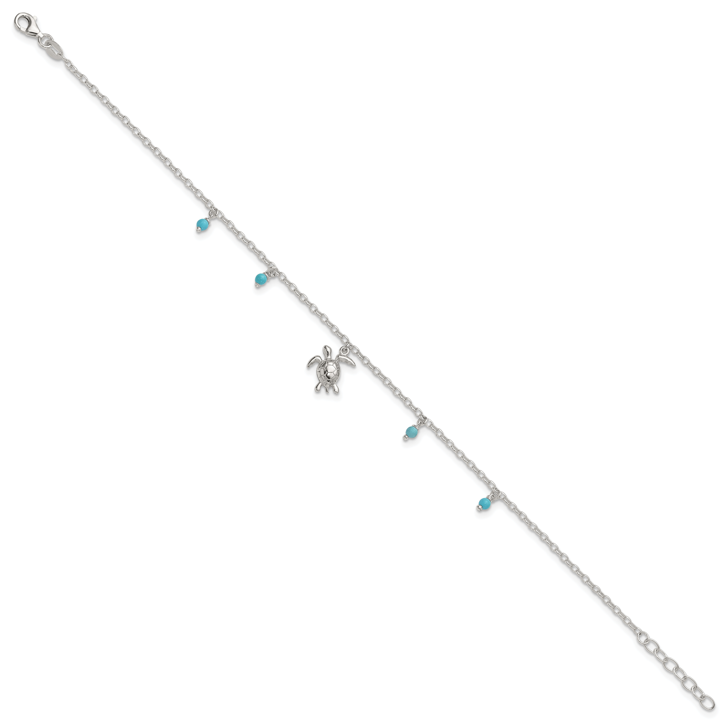 Sterling Silver Turquoise Beads and Turtle 9 inch Plus 1 inch Extender - Total 10 inch Anklet Secondary image