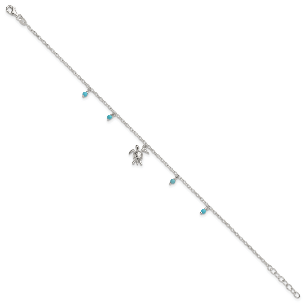 Sterling Silver Turquoise Beads and Turtle 9 inch Plus 1 inch Extender - Total 10 inch Anklet