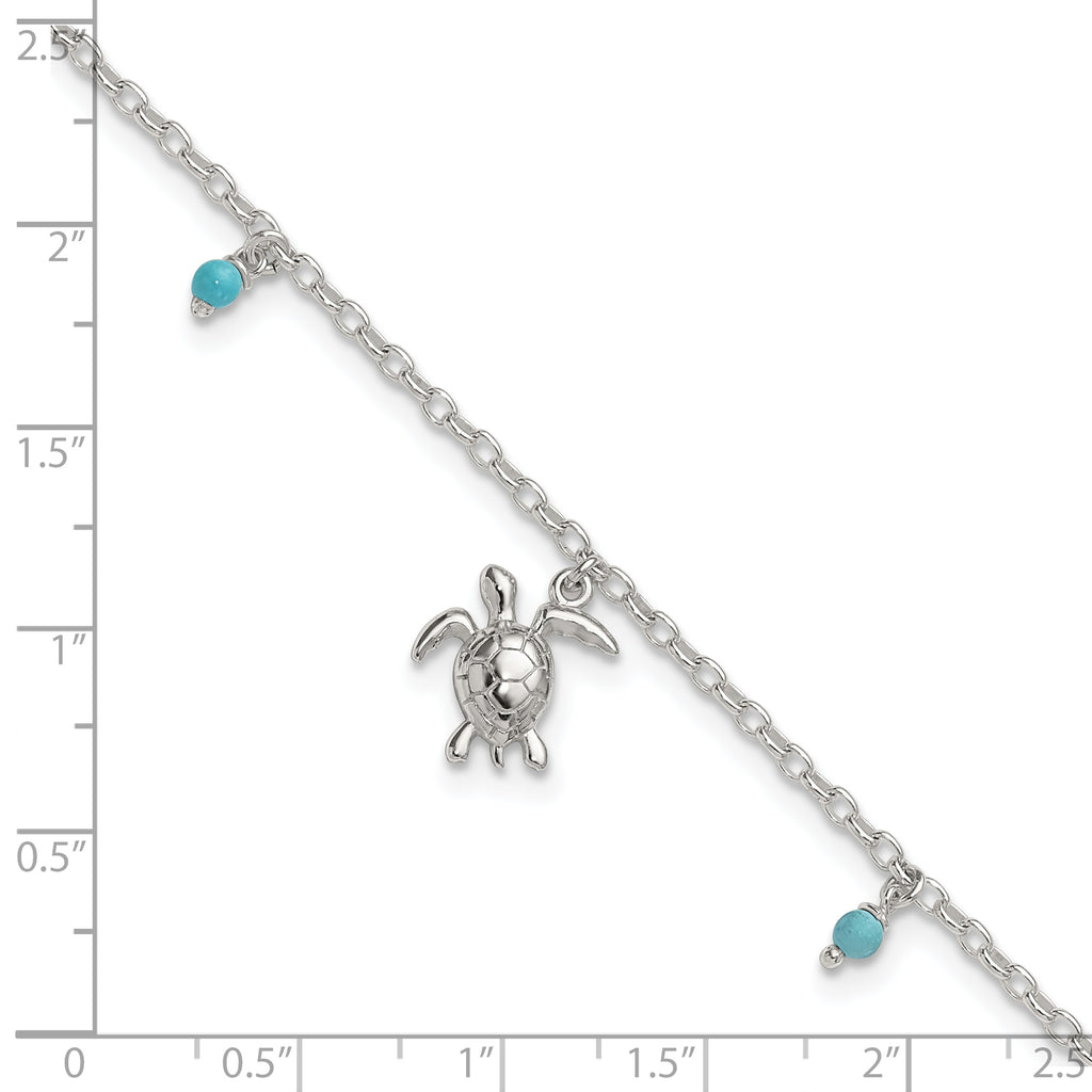 Sterling Silver Turquoise Beads and Turtle 9 inch Plus 1 inch Extender - Total 10 inch Anklet