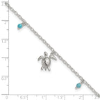Sterling Silver Turquoise Beads and Turtle 9 inch Plus 1 inch Extender - Total 10 inch Anklet