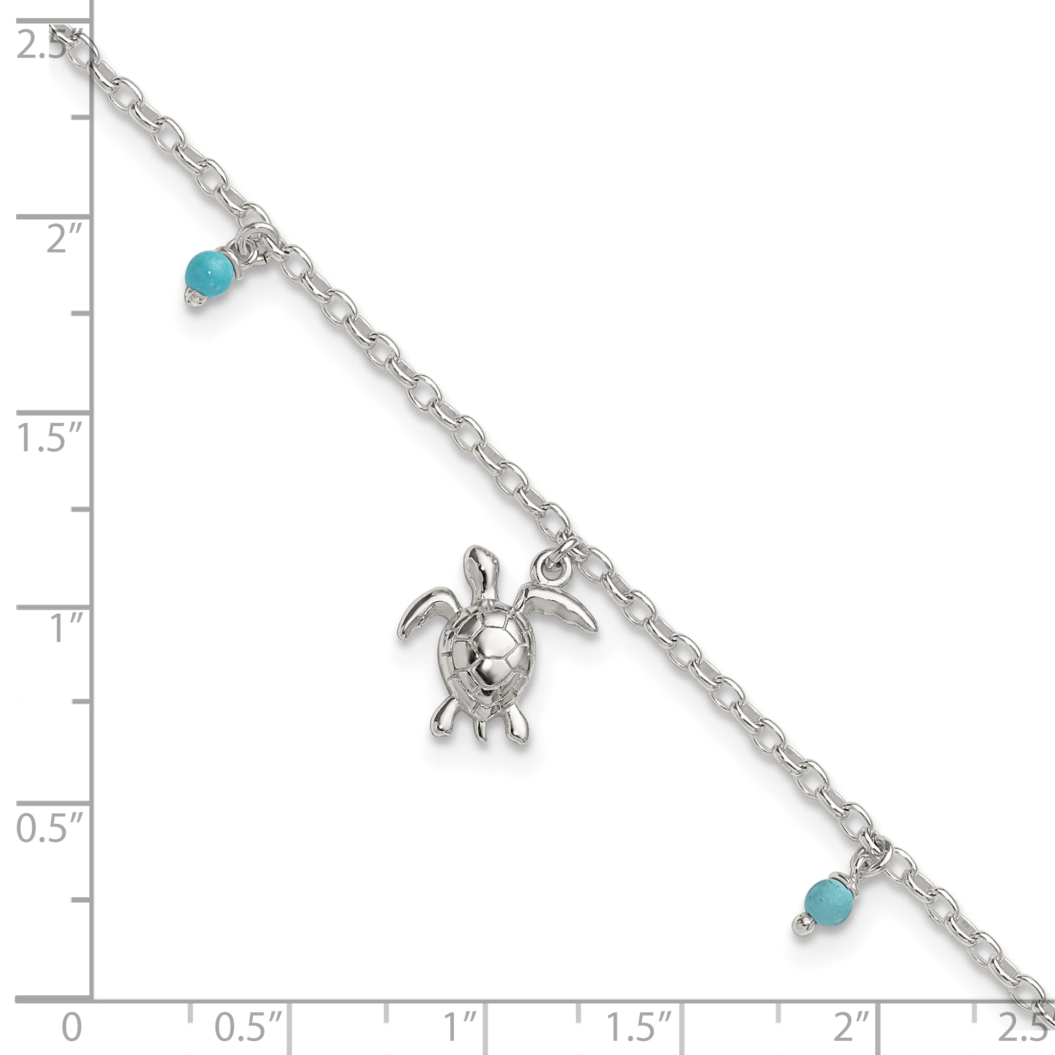 Sterling Silver Turquoise Beads and Turtle 9 inch Plus 1 inch Extender - Total 10 inch Anklet