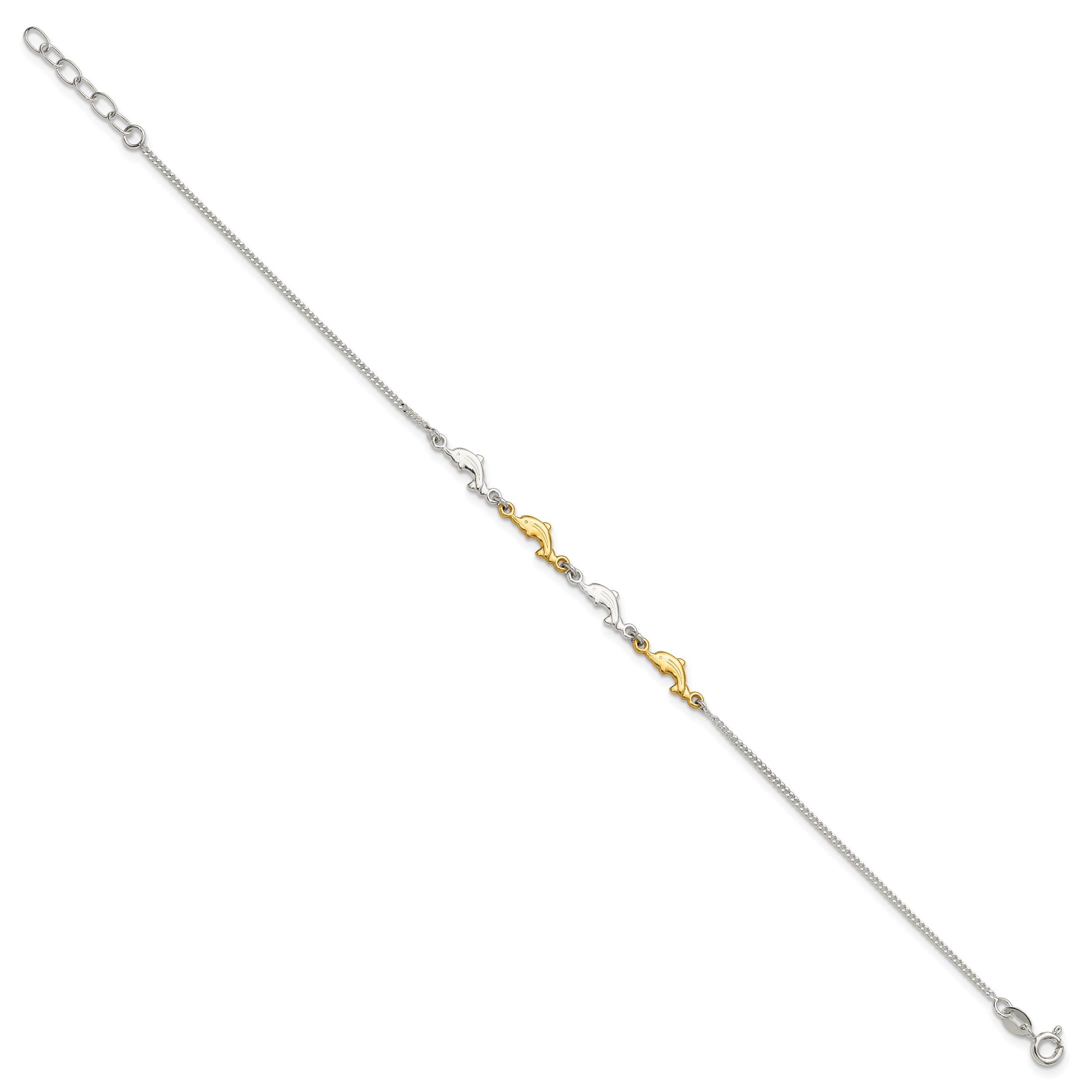 Sterling Silver Gold-tone Dolphins 9 inch Plus 1 inch Extender - Total 10 inch Anklet