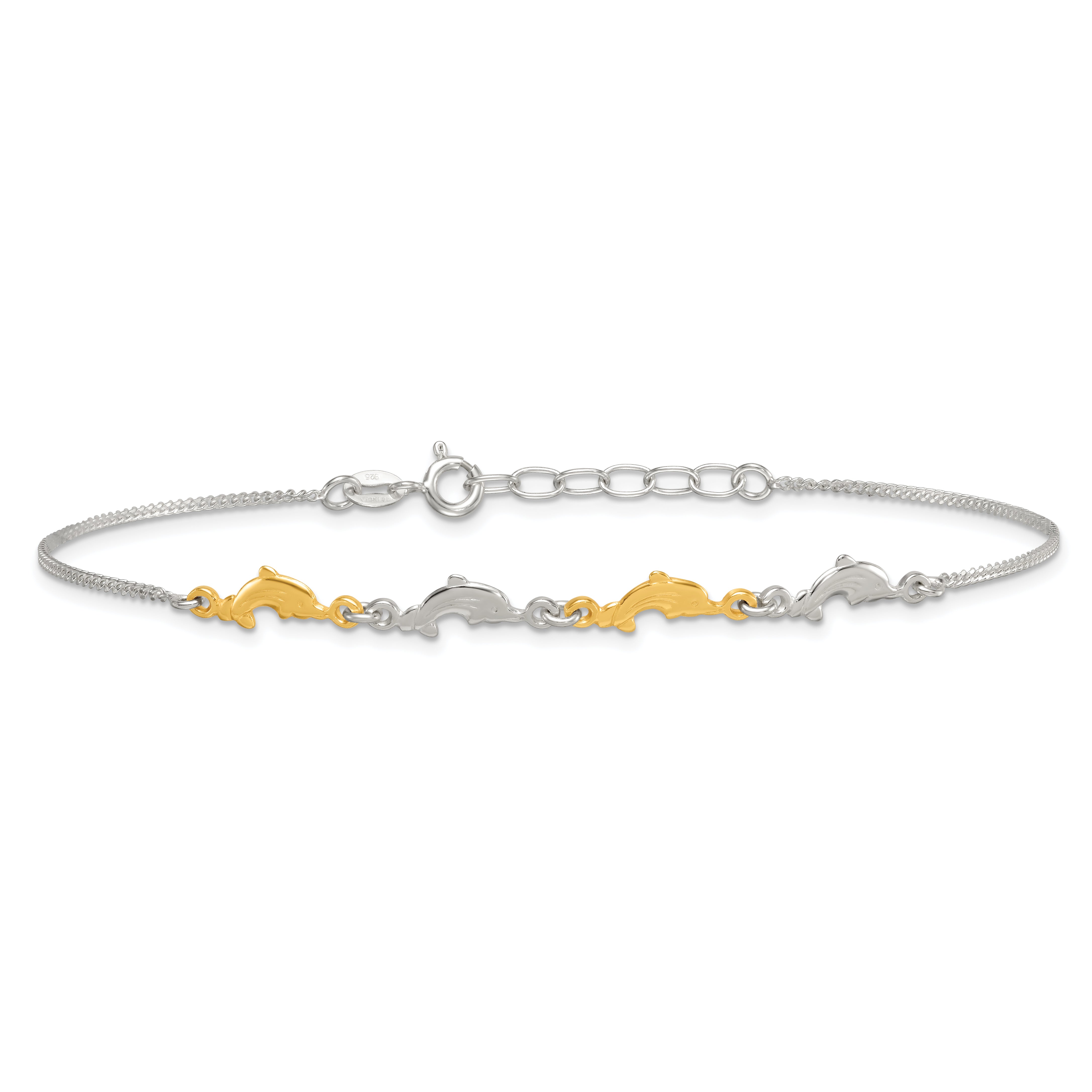 Sterling Silver Gold-tone Dolphins 9 inch Plus 1 inch Extender - Total 10 inch Anklet