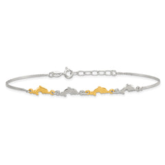 Sterling Silver Gold-tone Dolphins 9 inch Plus 1 inch Extender - Total 10 inch Anklet