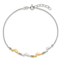 Sterling Silver Gold-tone Dolphins 9 inch Plus 1 inch Extender - Total 10 inch Anklet