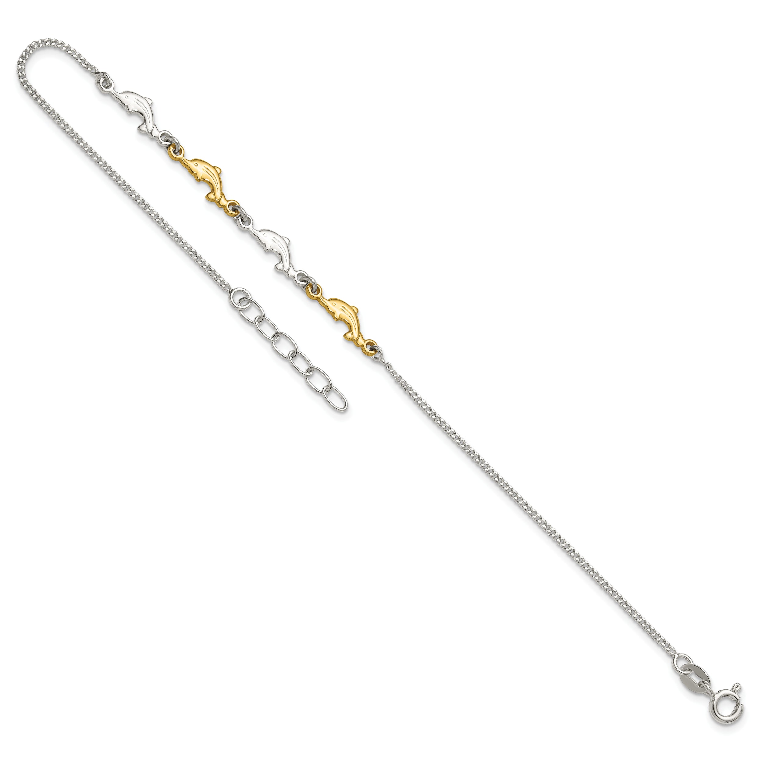 Sterling Silver Gold-tone Dolphins 9 inch Plus 1 inch Extender - Total 10 inch Anklet
