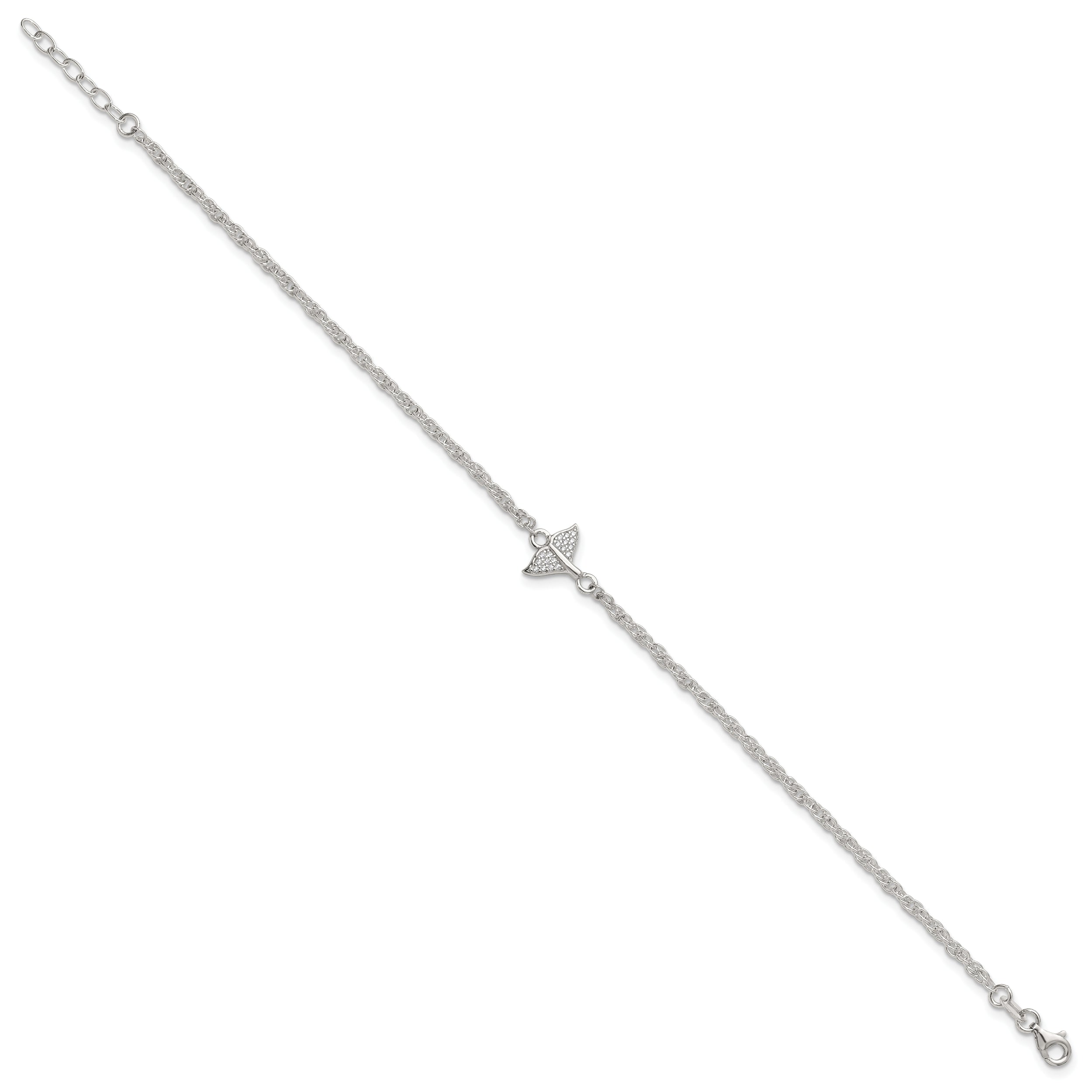 Sterling Silver CZ Whale Tail 9 inch Plus 1 inch Extender - Total 10 inch Anklet