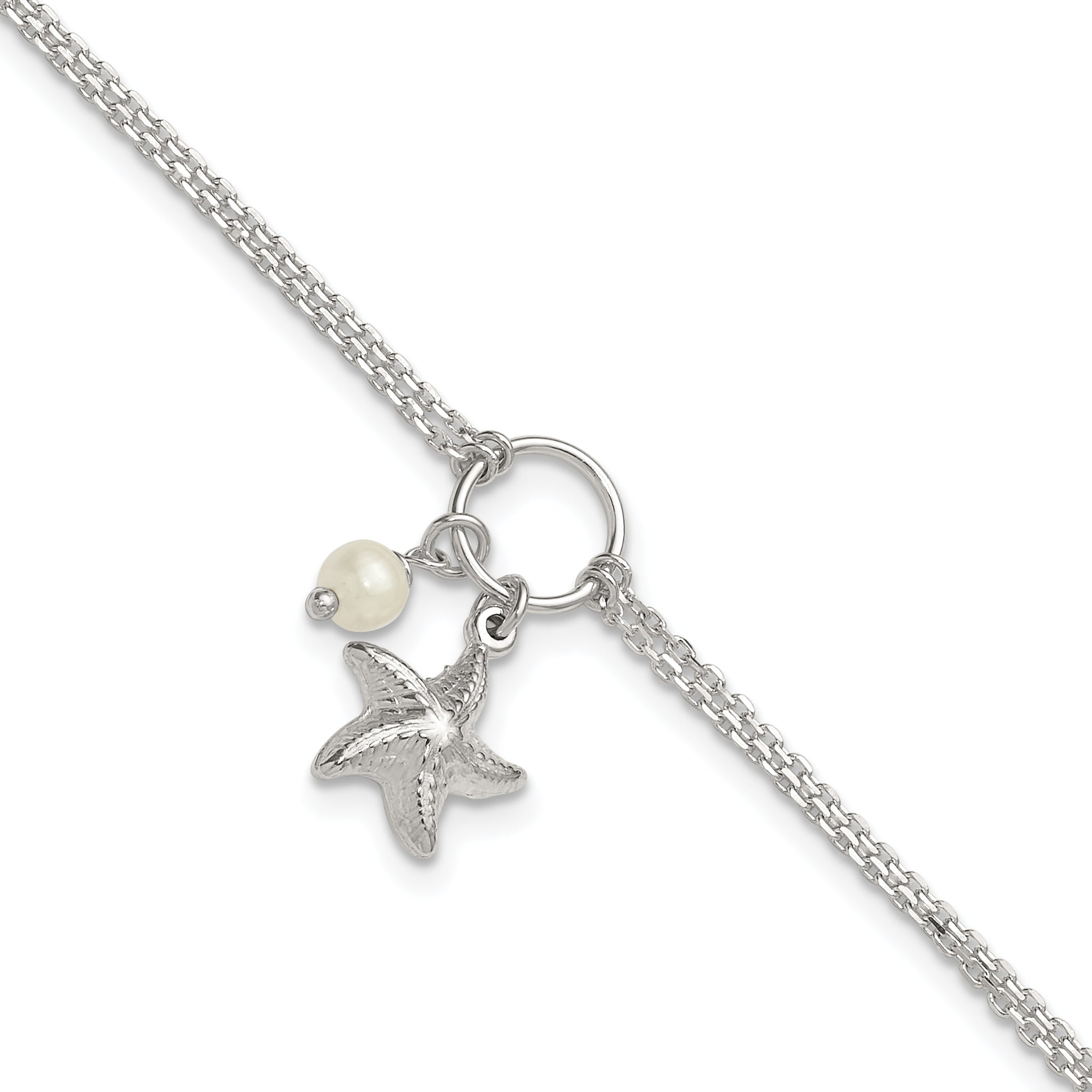 Sterling Silver Freshwater Cultured Pearl/Starfish 2-Strand 9 inch Plus 1 inch Extender - Total 10 inch Anklet Main image