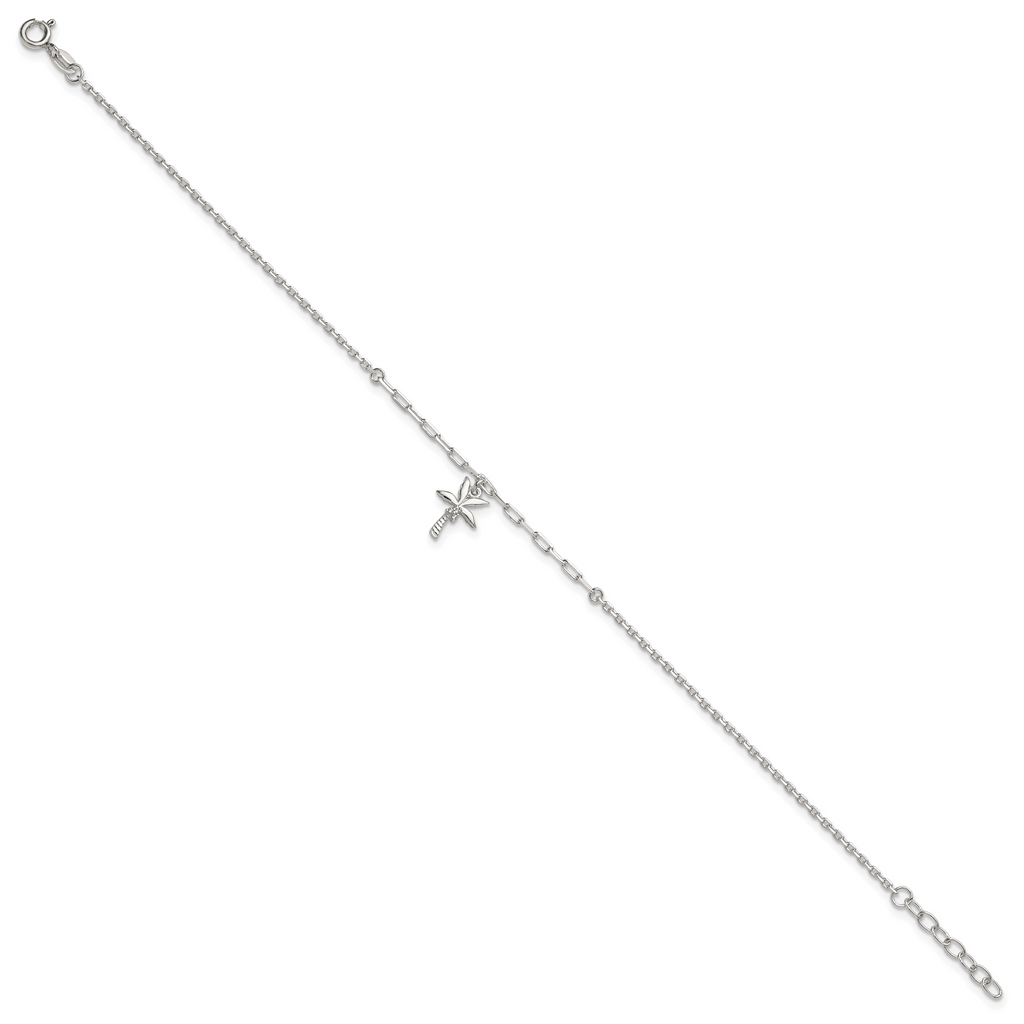 Sterling Silver CZ Palm Tree 9 inch Plus 1 inch Extender - Total 10 inch Anklet