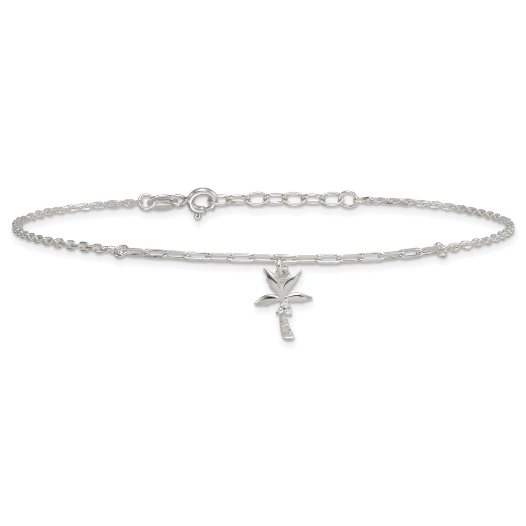 Sterling Silver CZ Palm Tree 9 inch Plus 1 inch Extender - Total 10 inch Anklet