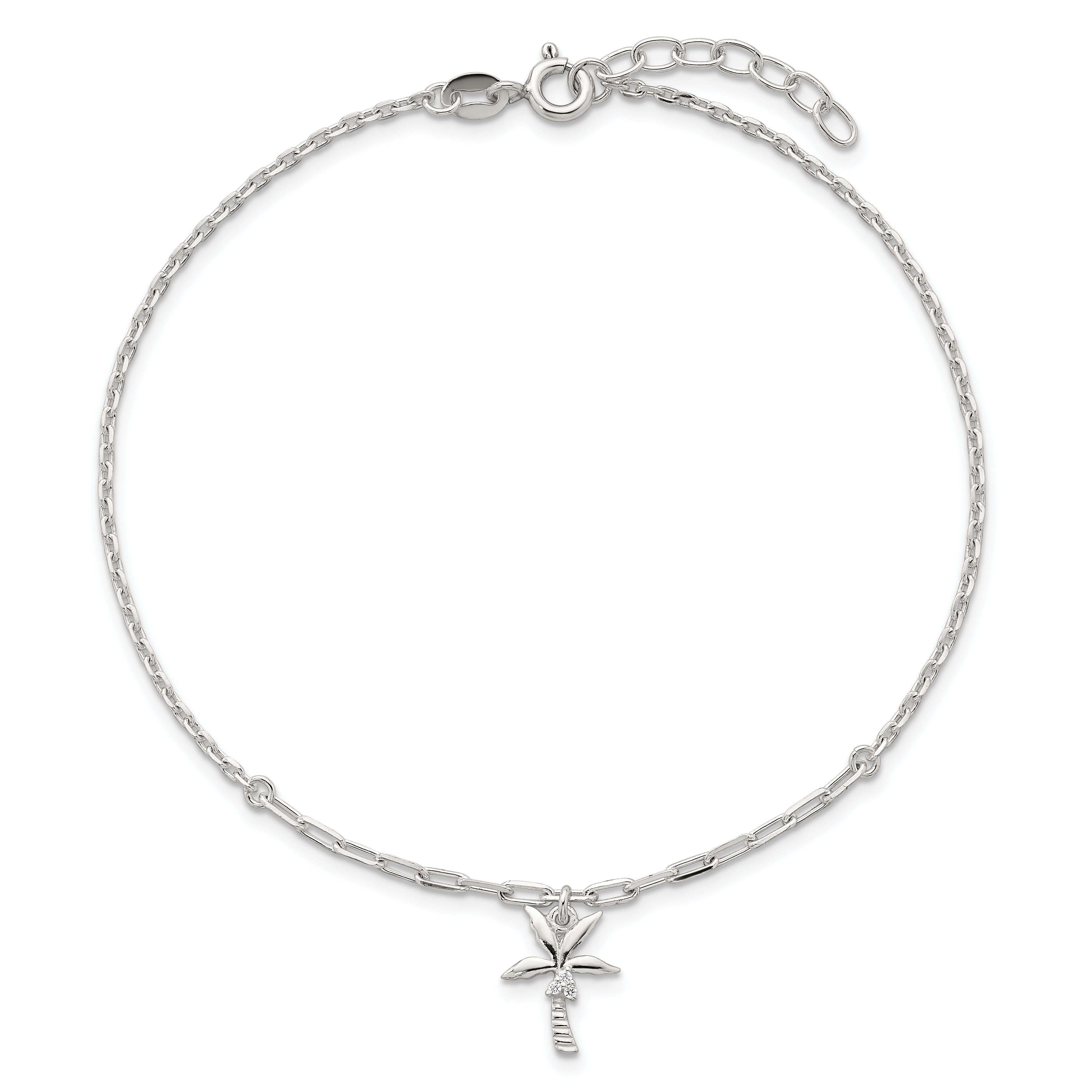 Sterling Silver CZ Palm Tree 9 inch Plus 1 inch Extender - Total 10 inch Anklet